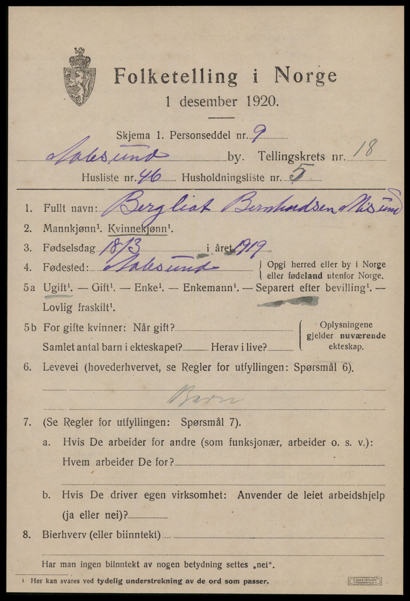 SAT, 1920 census for Ålesund, 1920, p. 35610