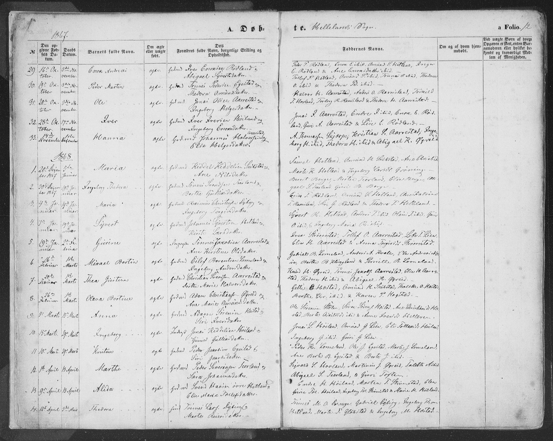 Helleland sokneprestkontor, SAST/A-101810: Parish register (official) no. A 7.1, 1863-1886, p. 12