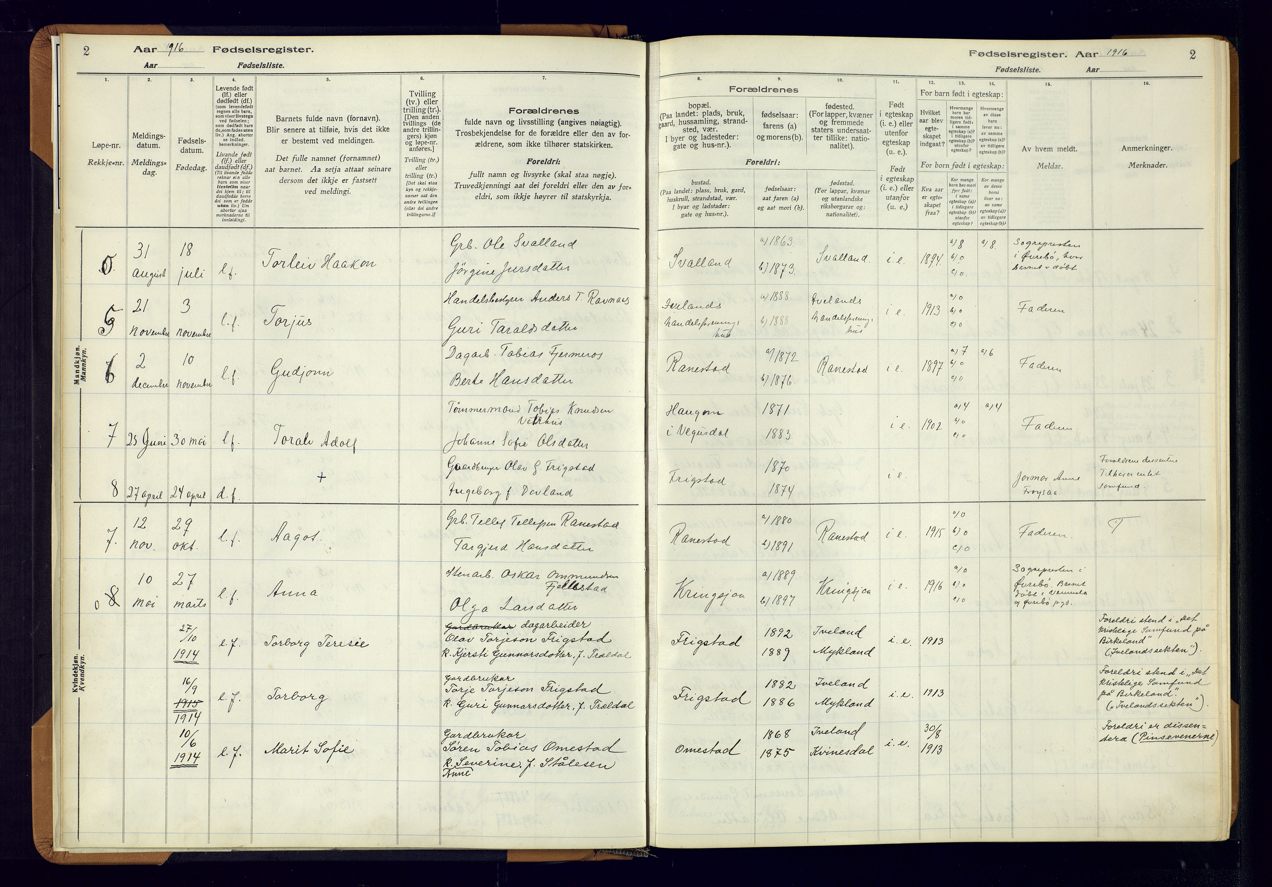 Evje sokneprestkontor, AV/SAK-1111-0008/J/Jc/L0003: Birth register no. II.4.3, 1916-1982, p. 2