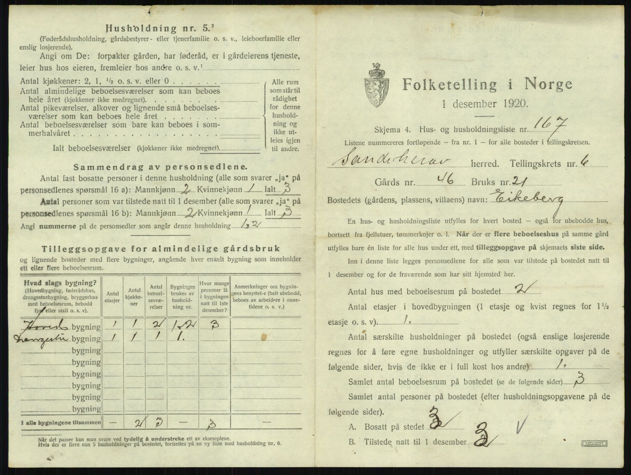 SAKO, 1920 census for Sandeherred, 1920, p. 1446