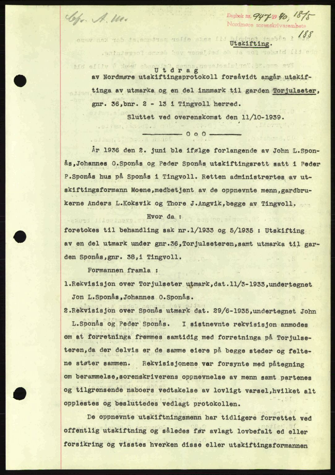 Nordmøre sorenskriveri, AV/SAT-A-4132/1/2/2Ca: Mortgage book no. A88, 1940-1940, Diary no: : 947/1940