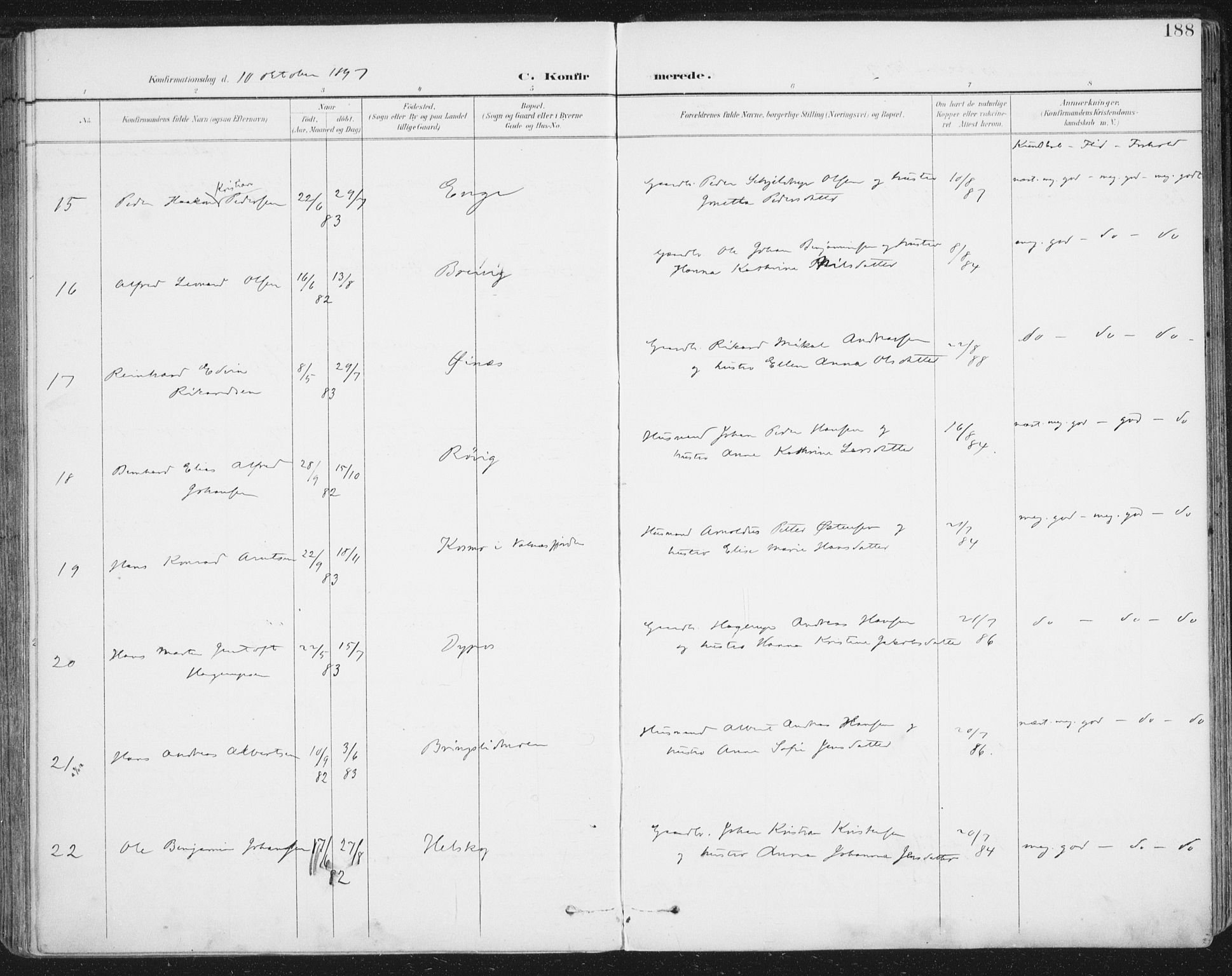 Ministerialprotokoller, klokkerbøker og fødselsregistre - Nordland, AV/SAT-A-1459/852/L0741: Parish register (official) no. 852A11, 1894-1917, p. 188