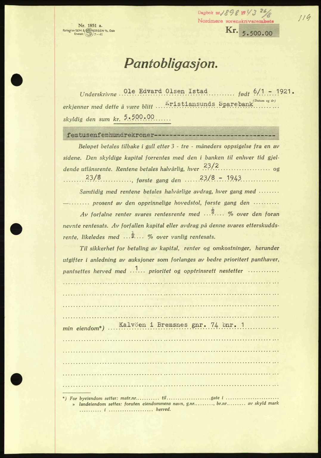 Nordmøre sorenskriveri, AV/SAT-A-4132/1/2/2Ca: Mortgage book no. B91, 1943-1944, Diary no: : 1898/1943