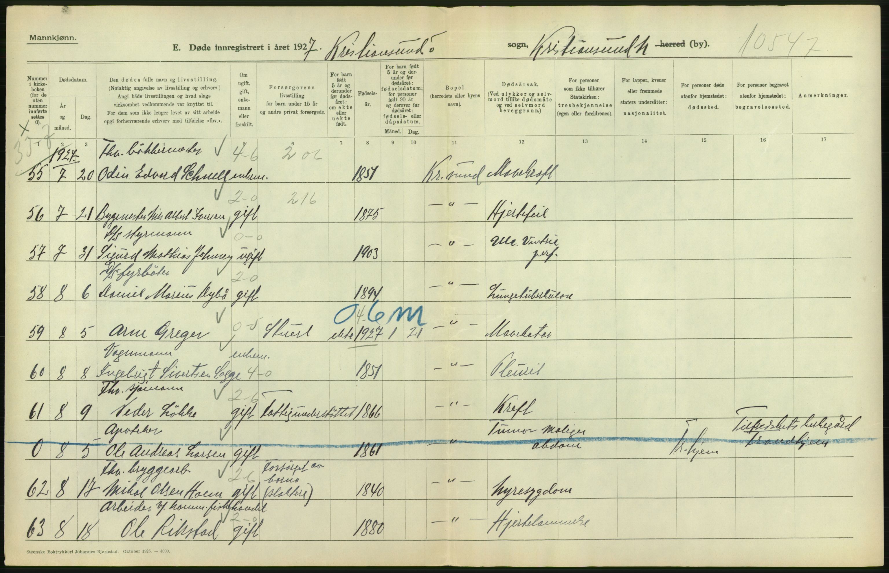 Statistisk sentralbyrå, Sosiodemografiske emner, Befolkning, AV/RA-S-2228/D/Df/Dfc/Dfcg/L0034: Møre fylke: Døde. Bygder og byer., 1927, p. 70