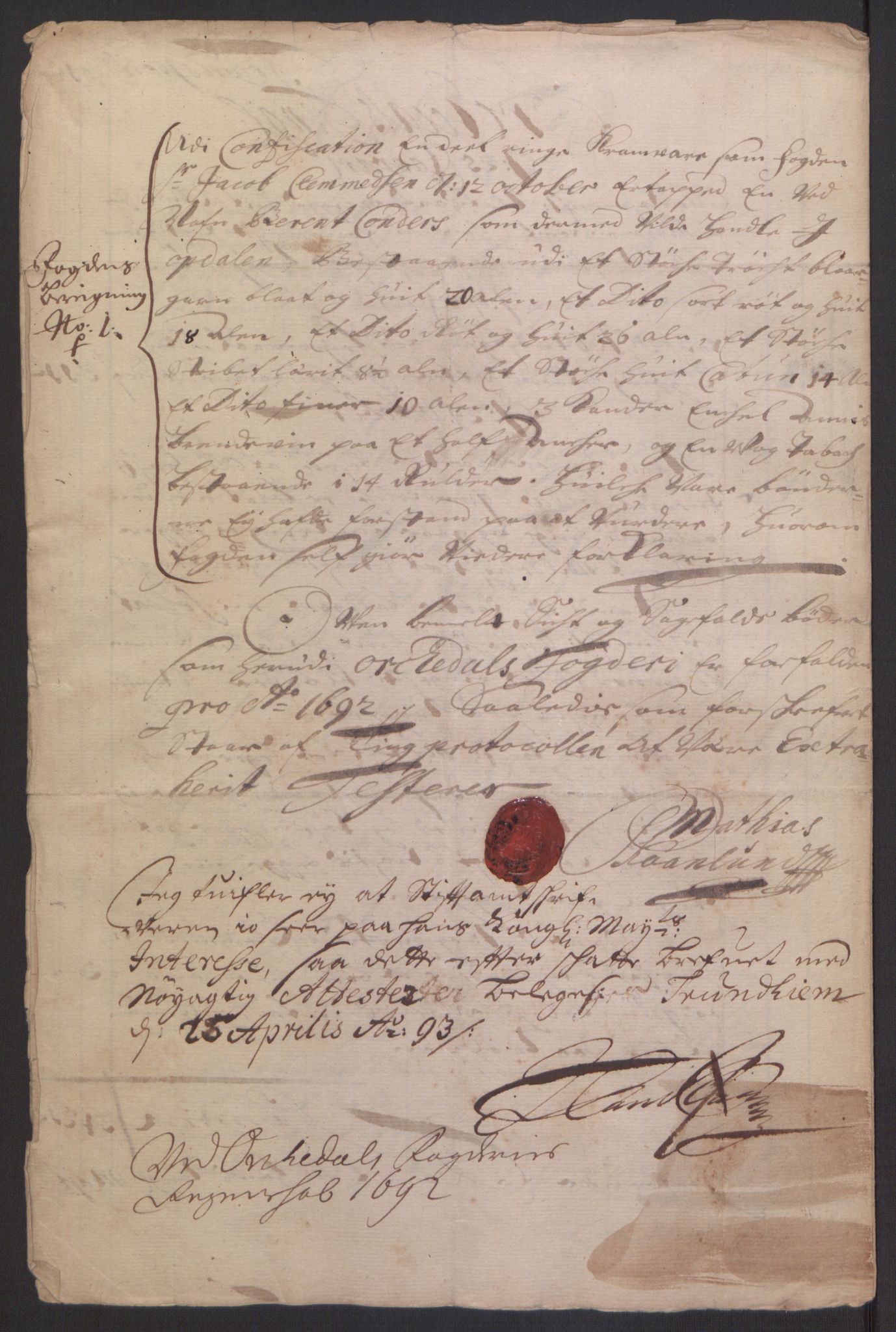 Rentekammeret inntil 1814, Reviderte regnskaper, Fogderegnskap, AV/RA-EA-4092/R58/L3937: Fogderegnskap Orkdal, 1691-1692, p. 342