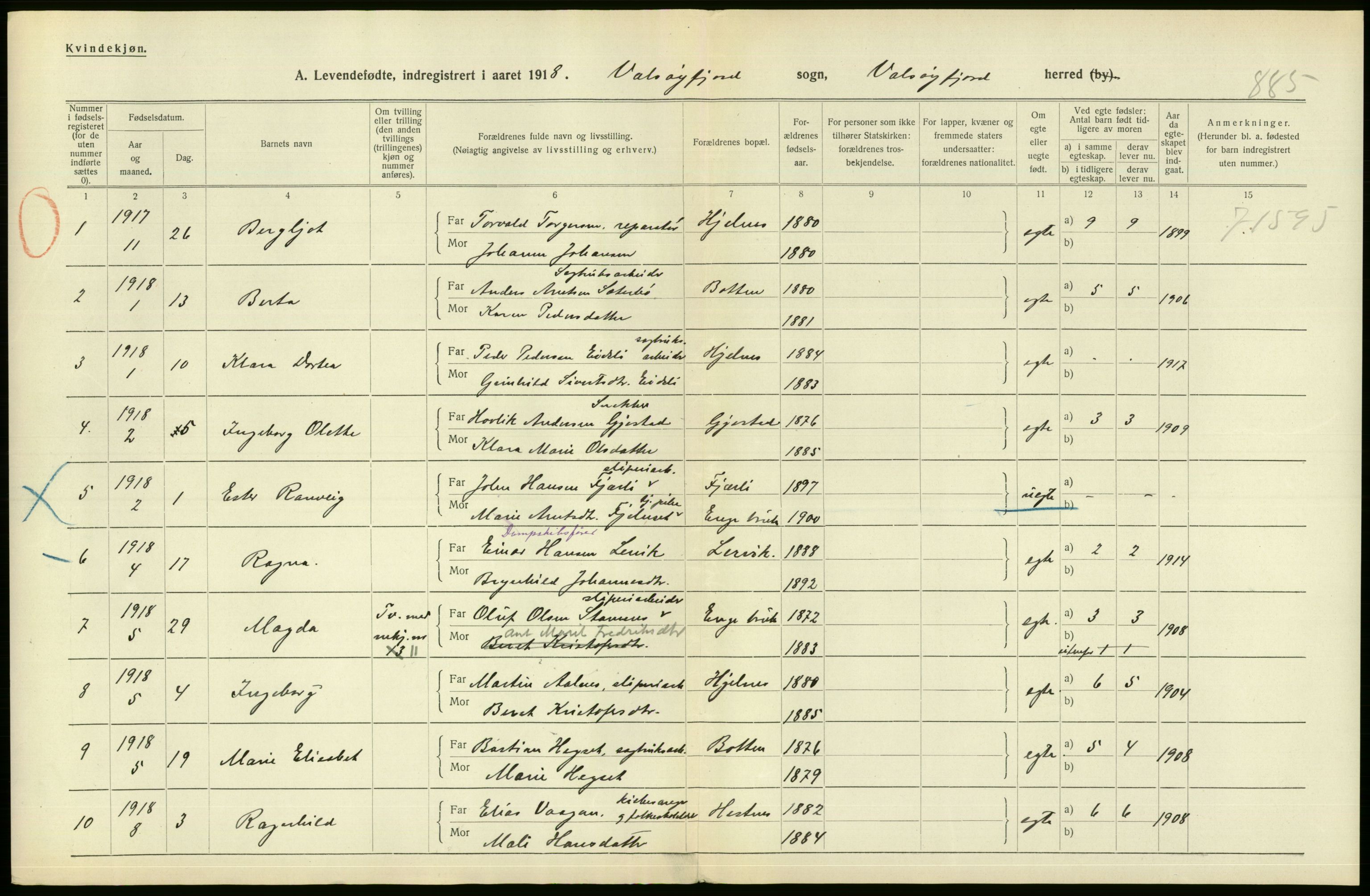 Statistisk sentralbyrå, Sosiodemografiske emner, Befolkning, RA/S-2228/D/Df/Dfb/Dfbh/L0043: Møre fylke: Levendefødte menn og kvinner. Bygder., 1918, p. 100