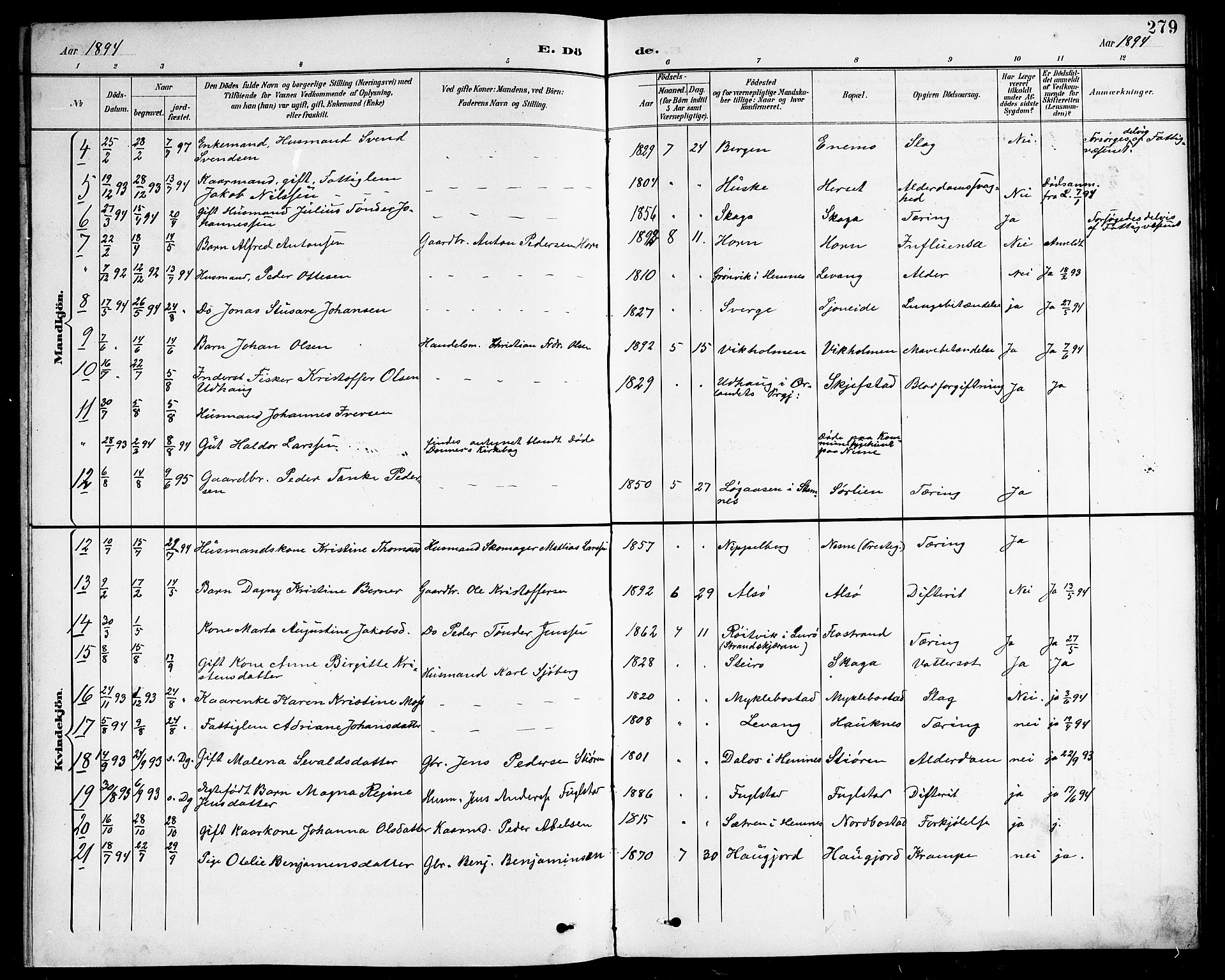 Ministerialprotokoller, klokkerbøker og fødselsregistre - Nordland, AV/SAT-A-1459/838/L0559: Parish register (copy) no. 838C06, 1893-1910, p. 279