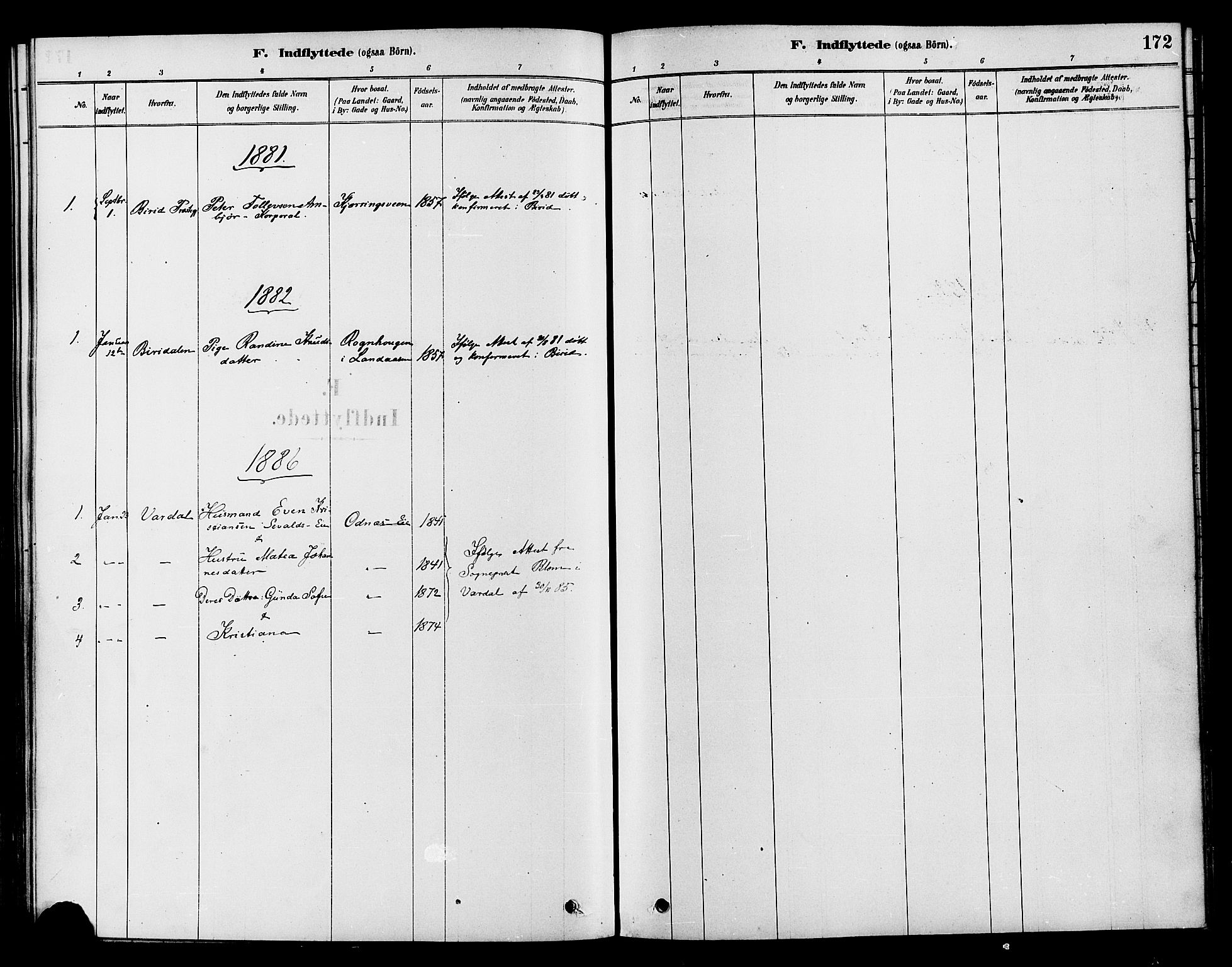 Søndre Land prestekontor, AV/SAH-PREST-122/K/L0002: Parish register (official) no. 2, 1878-1894, p. 172