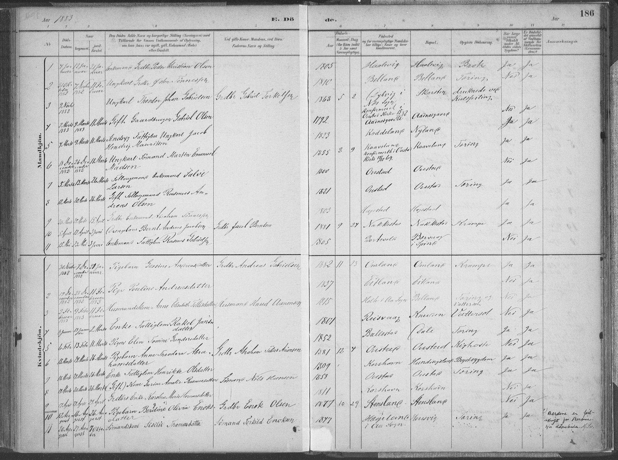 Lyngdal sokneprestkontor, SAK/1111-0029/F/Fa/Faa/L0004: Parish register (official) no. A 4, 1883-1904, p. 186