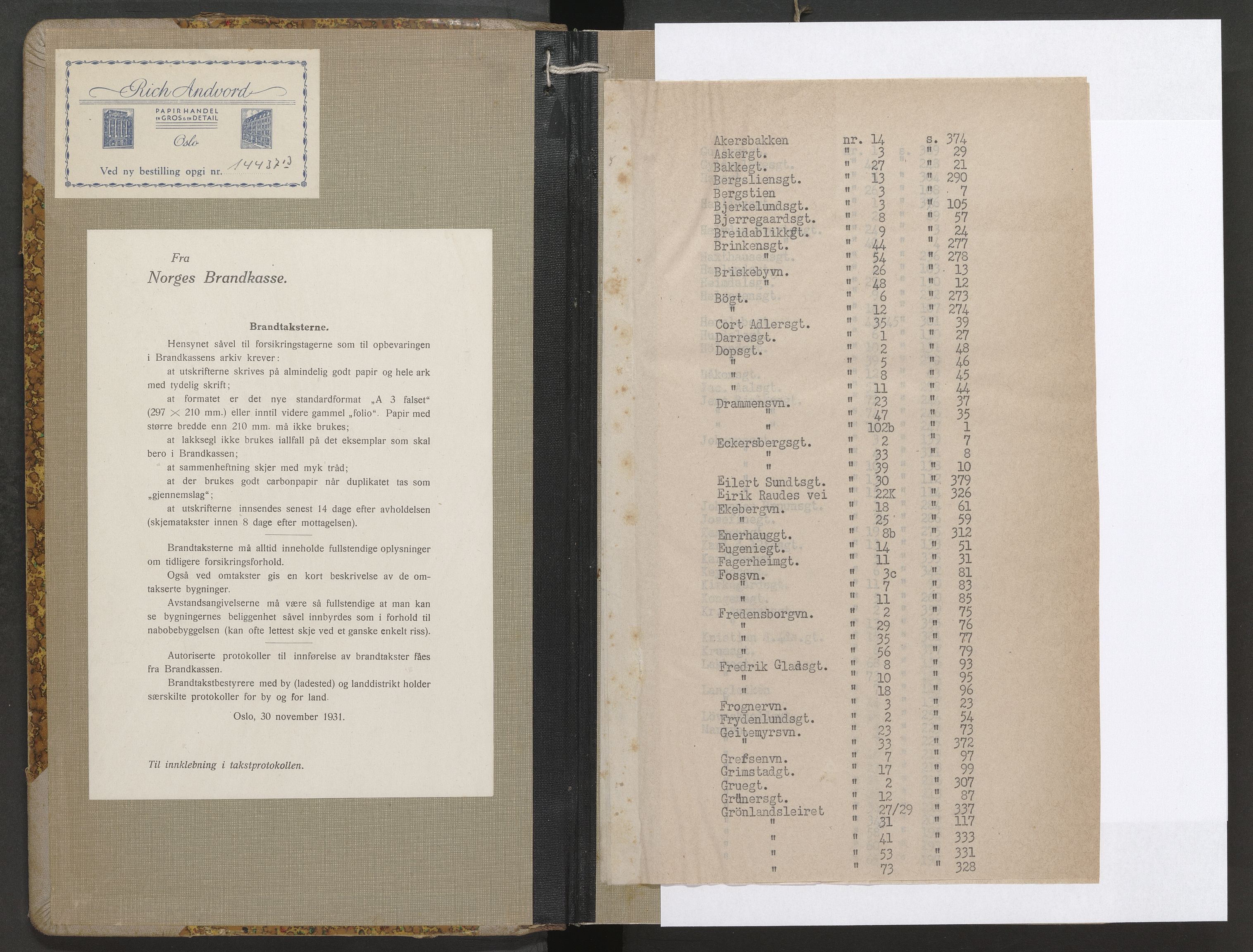 Norges brannkasse, branntakster Oslo, AV/SAO-A-11402/F/Fb/L0007: Branntakstprotokoll, 1943-1944