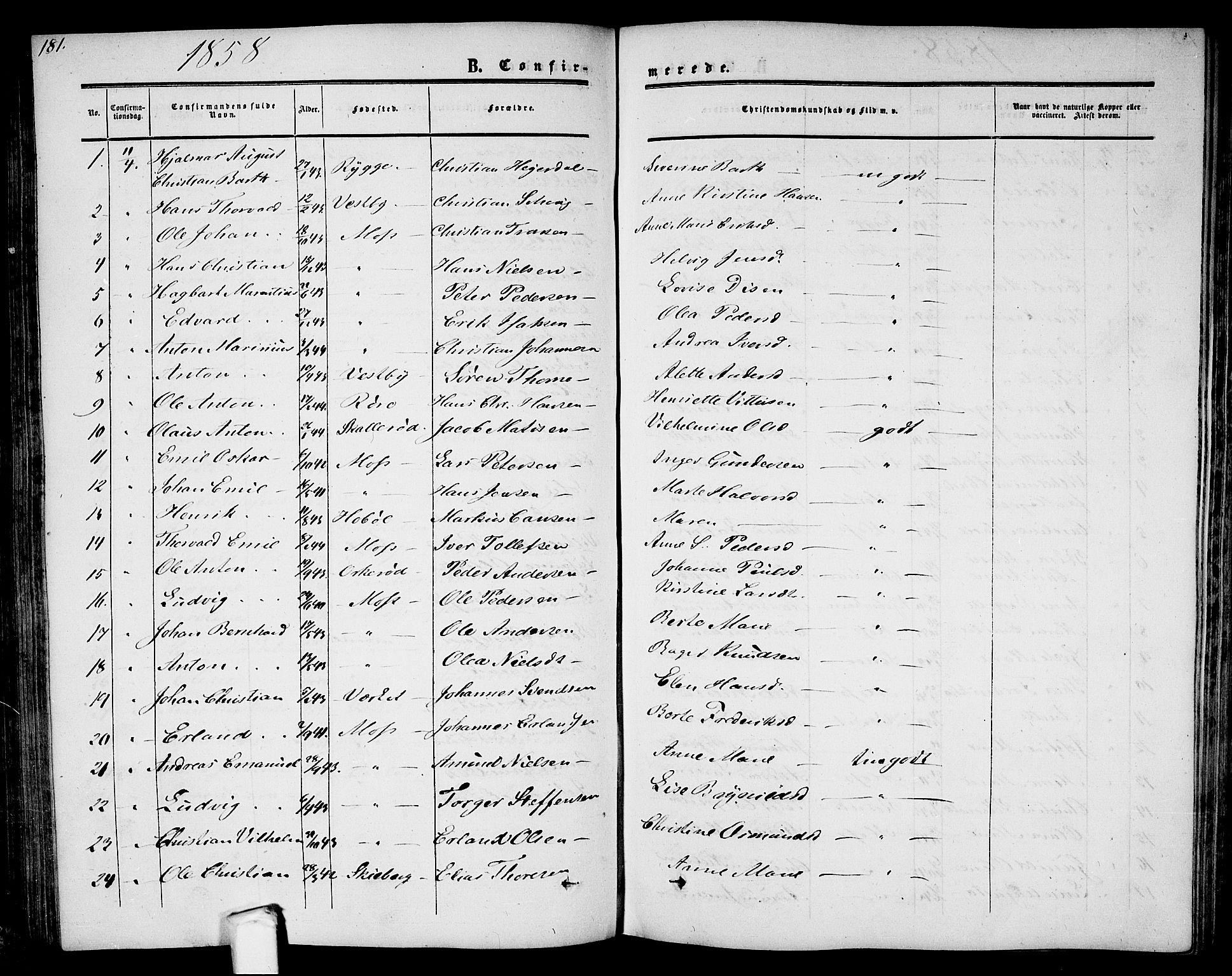 Moss prestekontor Kirkebøker, AV/SAO-A-2003/G/Ga/L0002: Parish register (copy) no. I 2, 1852-1871, p. 181