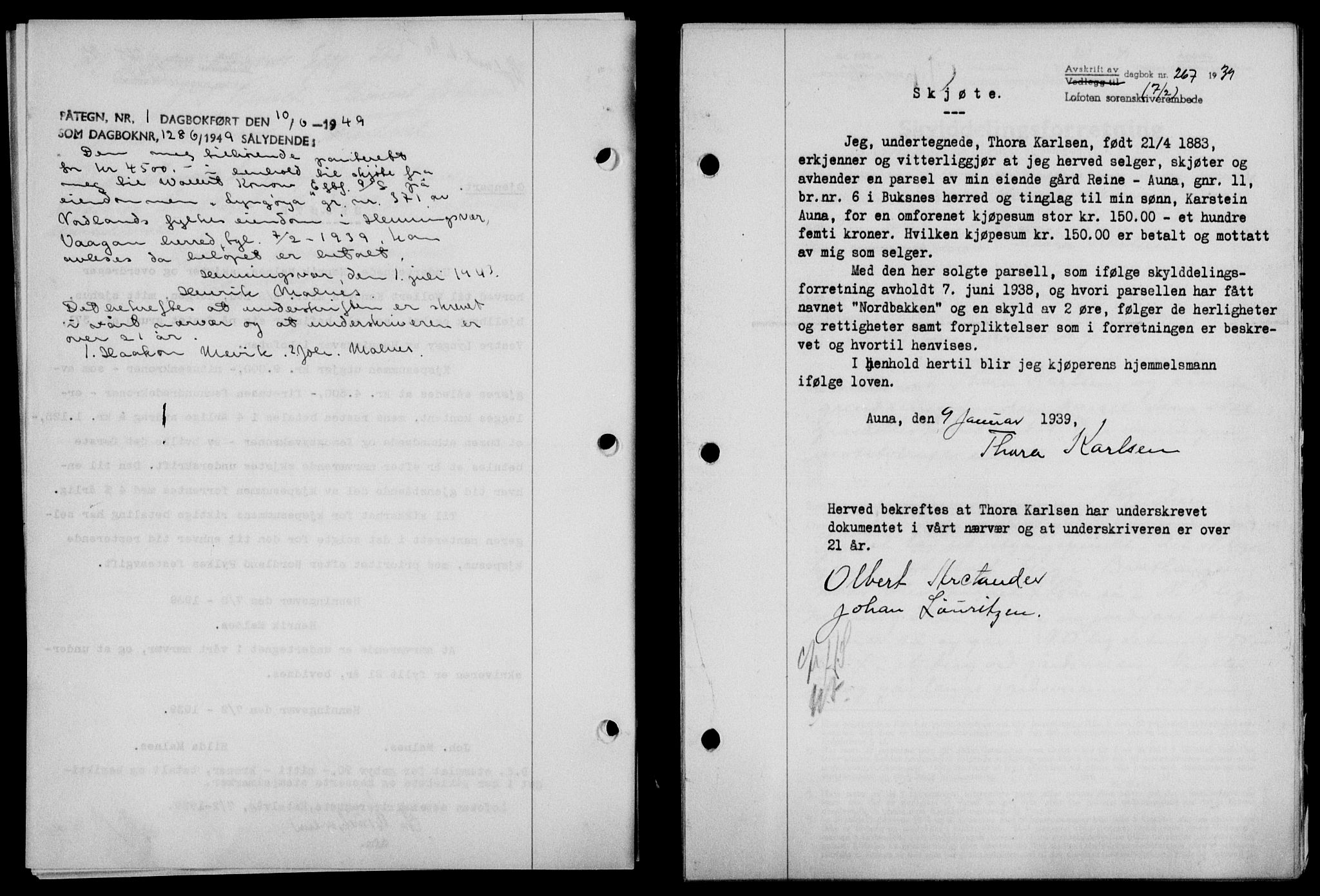Lofoten sorenskriveri, SAT/A-0017/1/2/2C/L0005a: Mortgage book no. 5a, 1939-1939, Diary no: : 267/1939