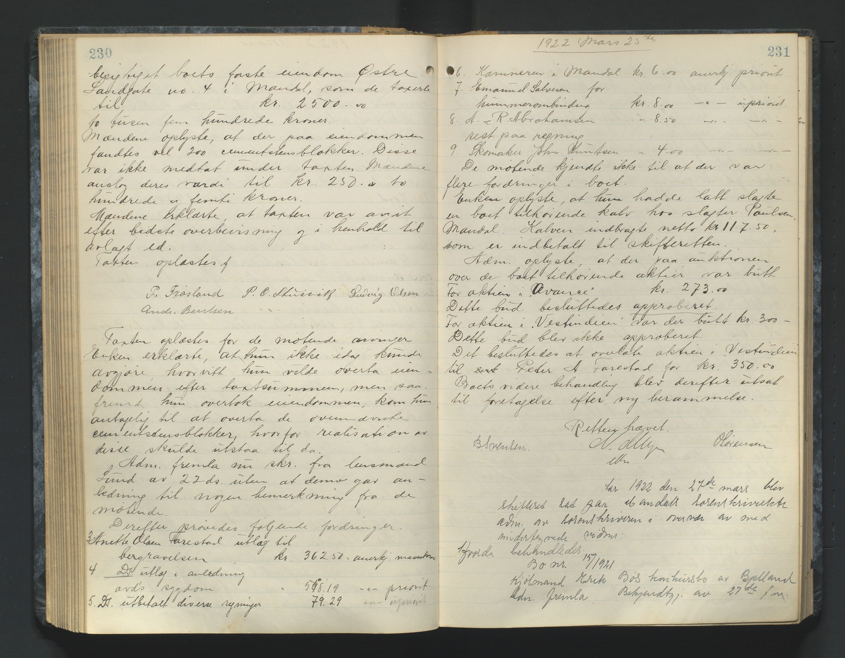 Mandal sorenskriveri, AV/SAK-1221-0005/001/H/Hc/L0084: Skifteforhandlingsprotokoll nr 16, 1921-1924, p. 230-231