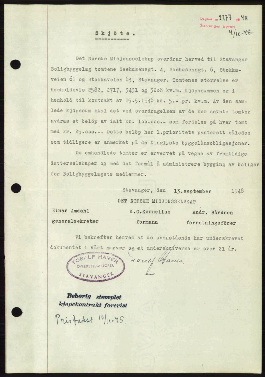 Stavanger byrett, SAST/A-100455/002/G/Gb/L0023: Mortgage book no. A12, 1948-1949, Diary no: : 2277/1948