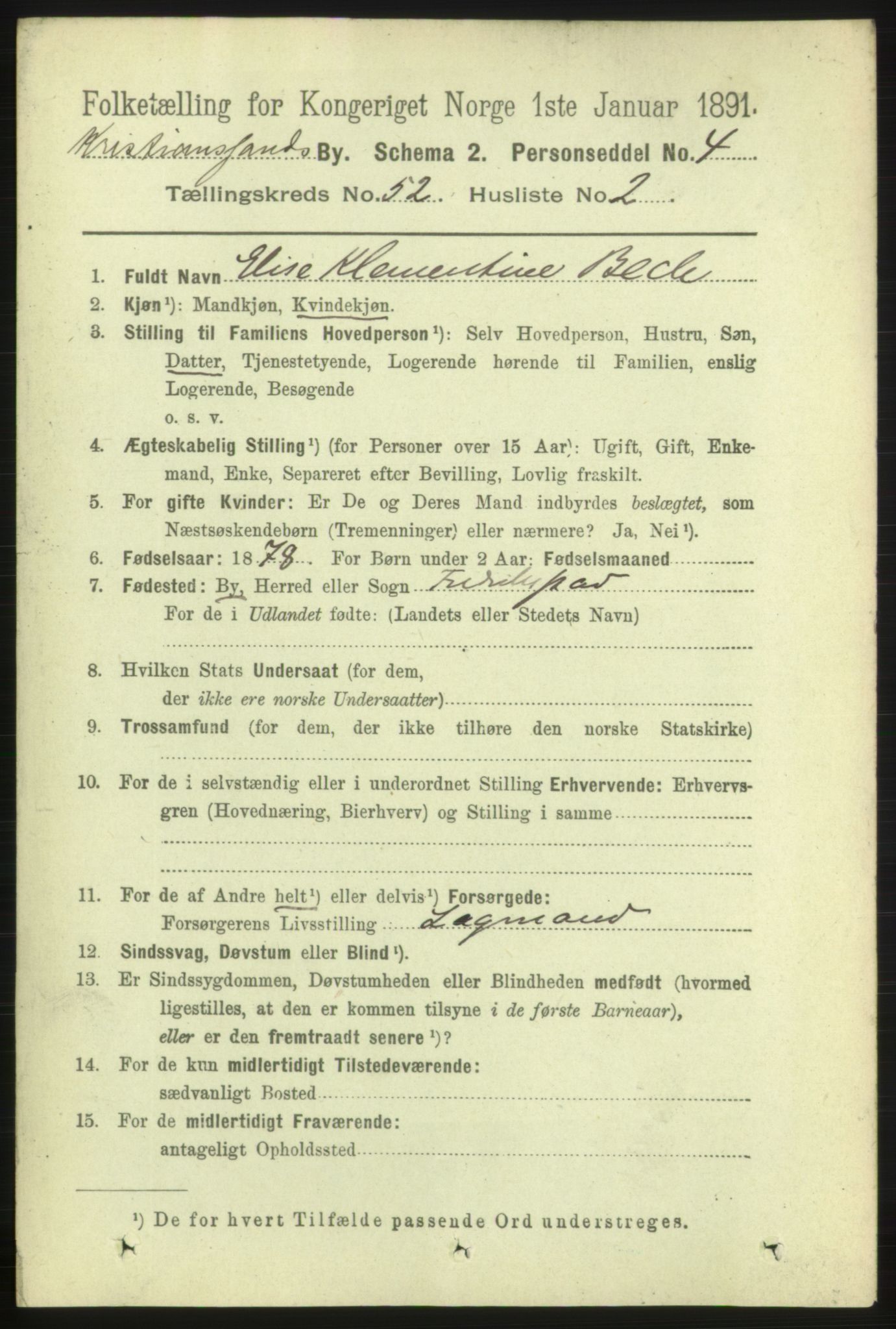 RA, 1891 census for 1001 Kristiansand, 1891, p. 15149