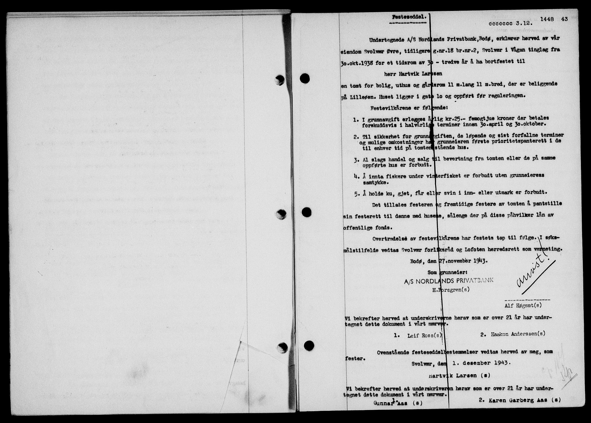 Lofoten sorenskriveri, SAT/A-0017/1/2/2C/L0012a: Mortgage book no. 12a, 1943-1944, Diary no: : 1448/1943