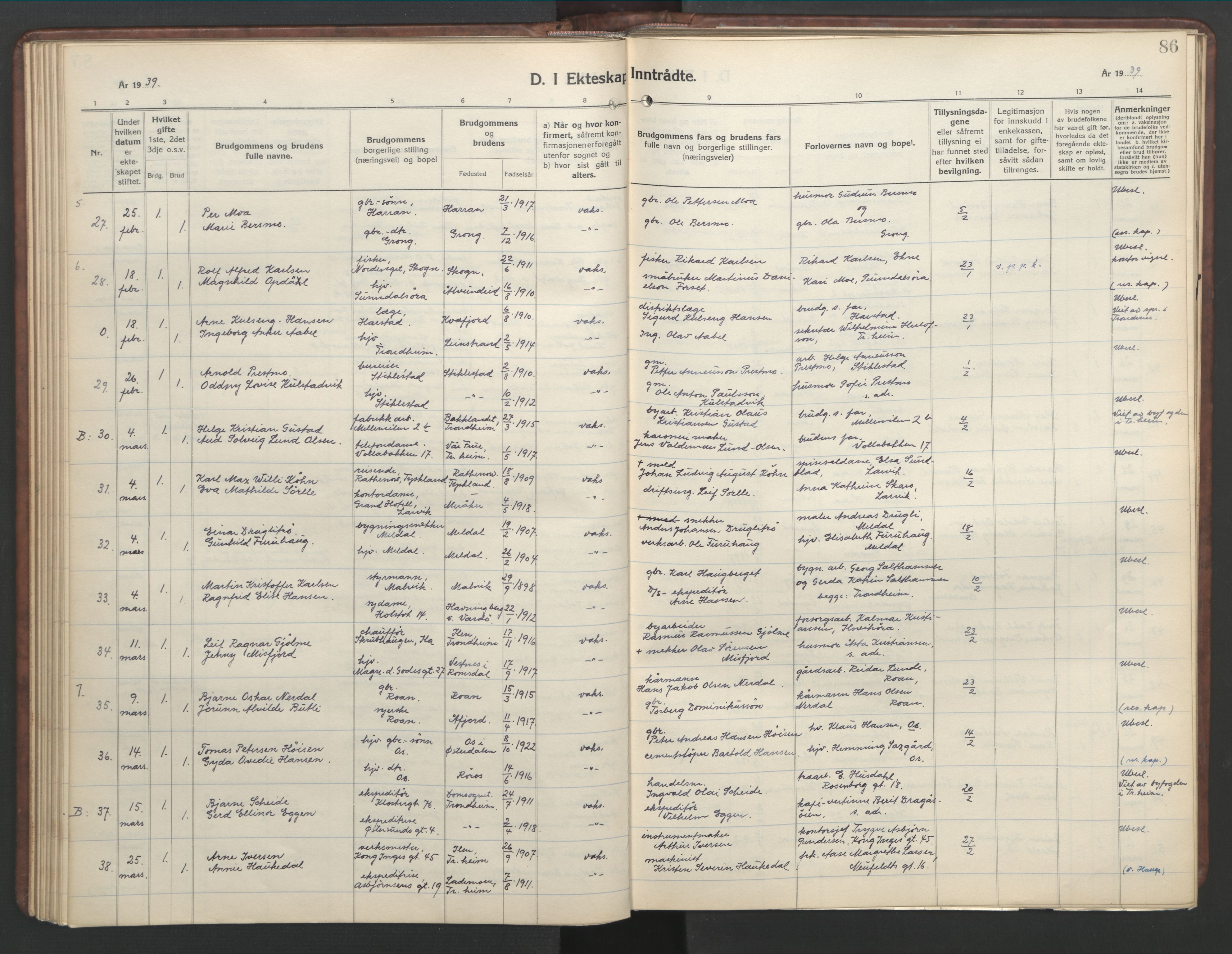 Ministerialprotokoller, klokkerbøker og fødselsregistre - Sør-Trøndelag, AV/SAT-A-1456/601/L0101: Parish register (copy) no. 601C19, 1935-1946, p. 86