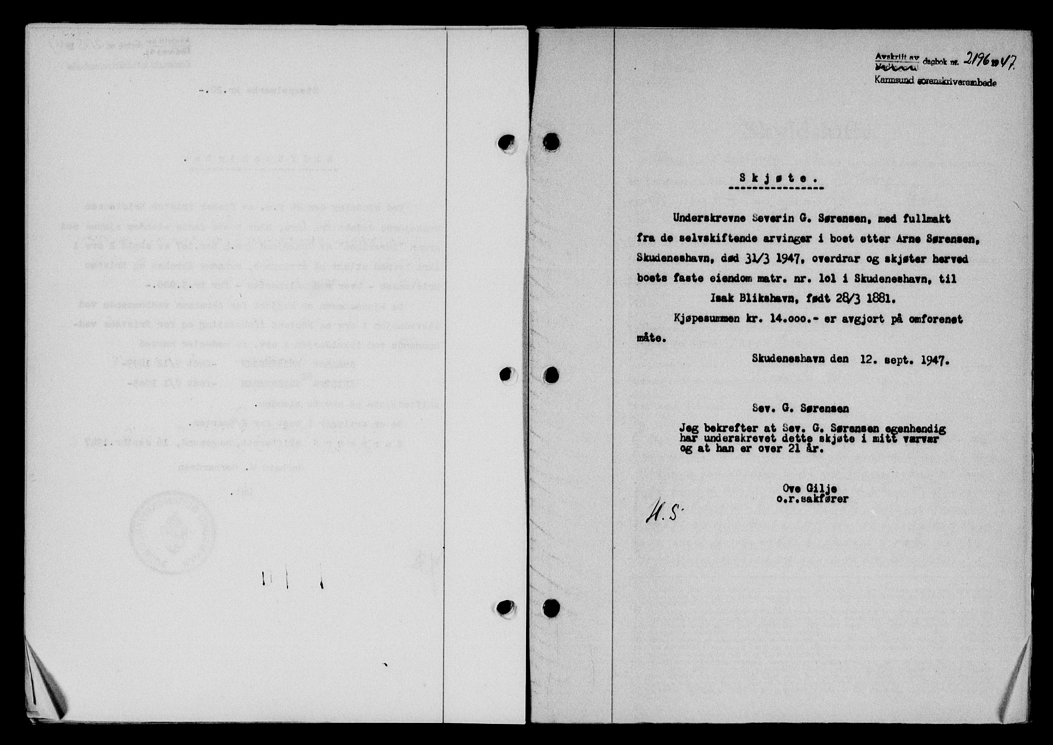 Karmsund sorenskriveri, SAST/A-100311/01/II/IIB/L0090: Mortgage book no. 70A, 1947-1947, Diary no: : 2196/1947