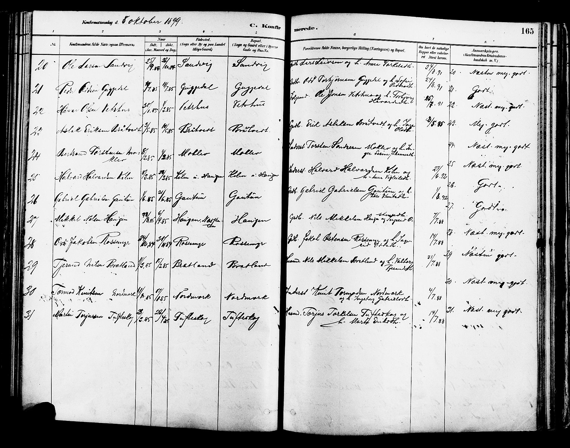 Suldal sokneprestkontor, AV/SAST-A-101845/01/IV/L0011: Parish register (official) no. A 11, 1878-1900, p. 165