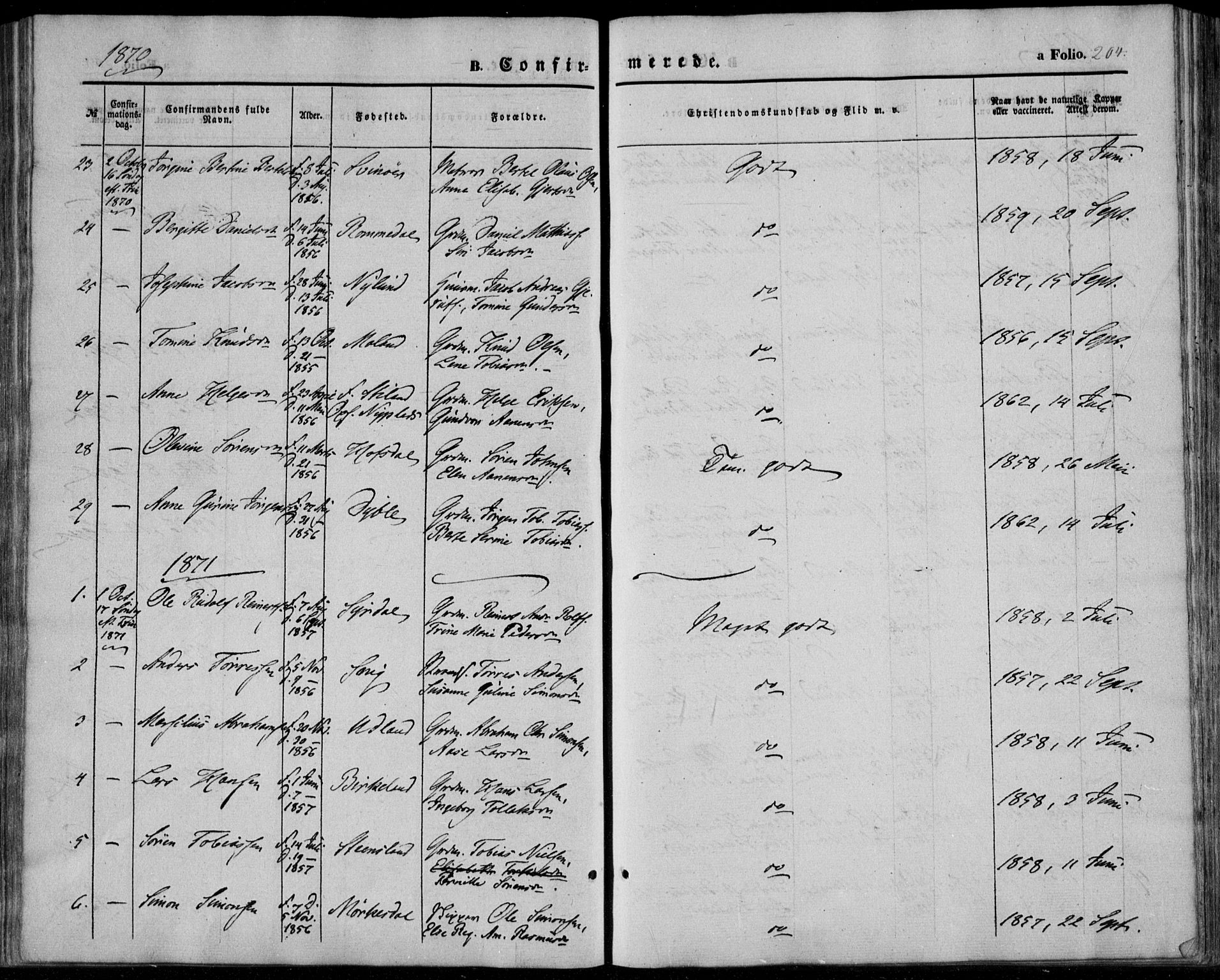 Sør-Audnedal sokneprestkontor, AV/SAK-1111-0039/F/Fa/Fab/L0007: Parish register (official) no. A 7, 1855-1876, p. 204