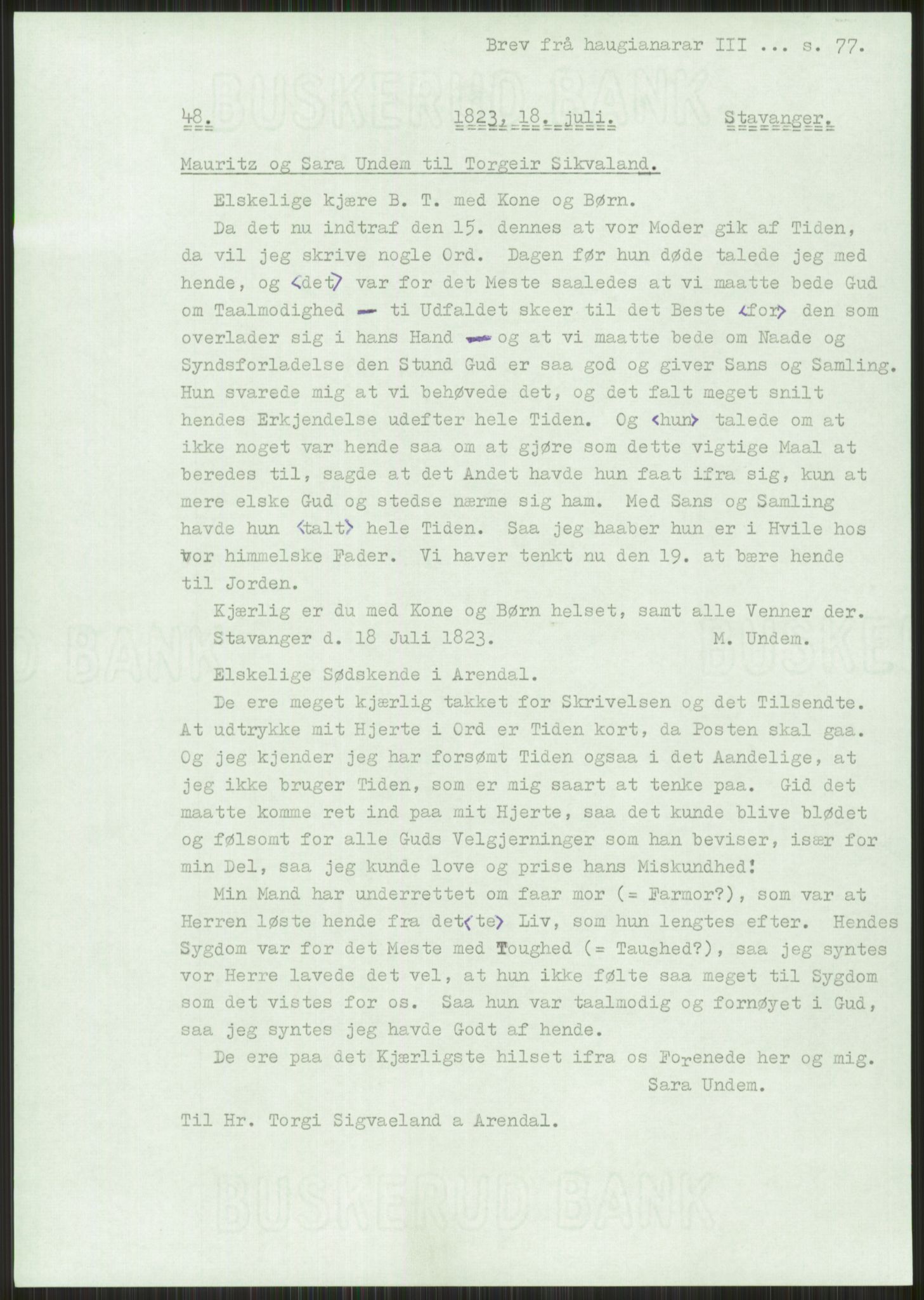 Samlinger til kildeutgivelse, Haugianerbrev, AV/RA-EA-6834/F/L0003: Haugianerbrev III: 1822-1826, 1822-1826, p. 77