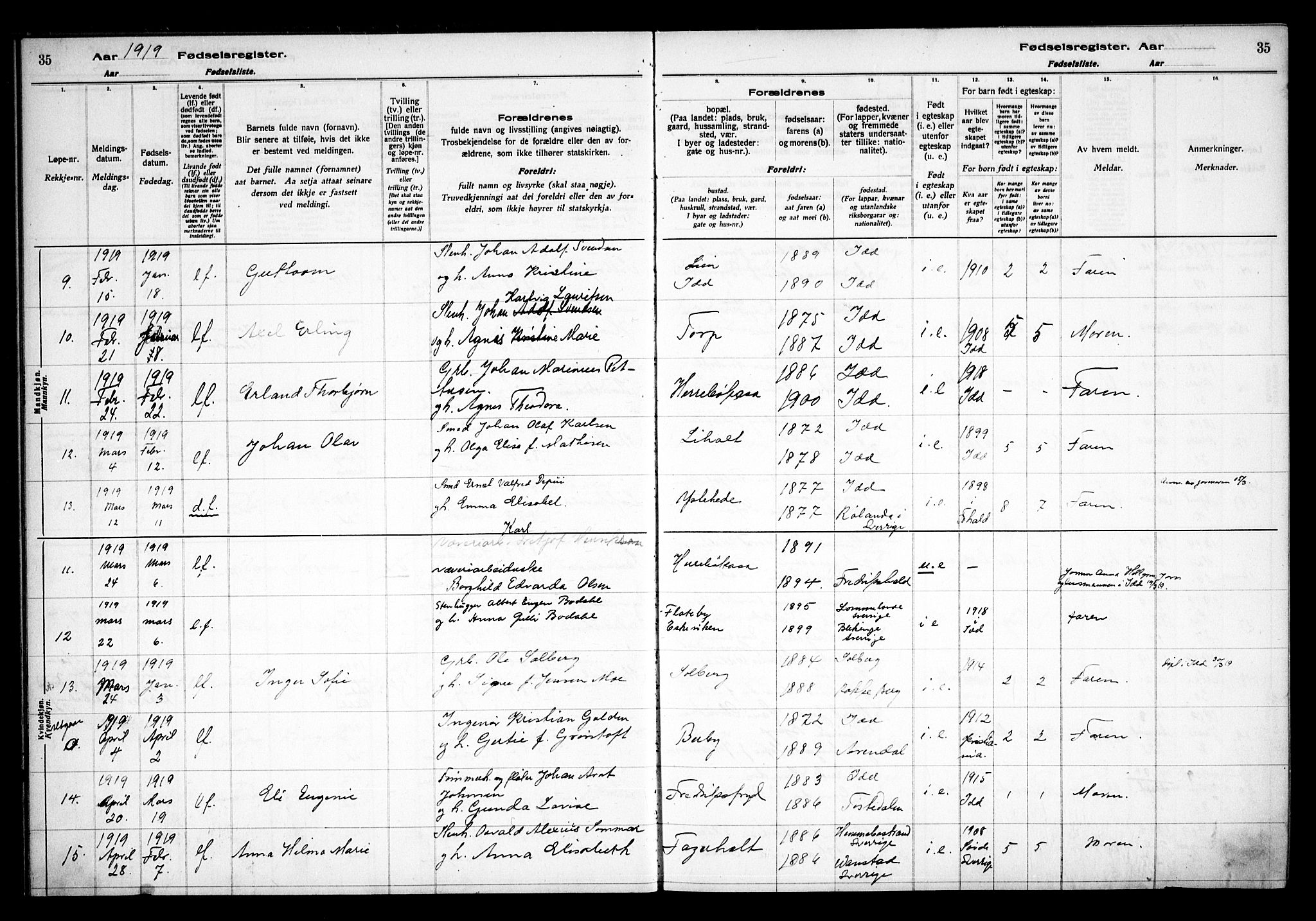 Idd prestekontor Kirkebøker, AV/SAO-A-10911/J/Ja/L0001: Birth register no. I 1, 1916-1937, p. 35