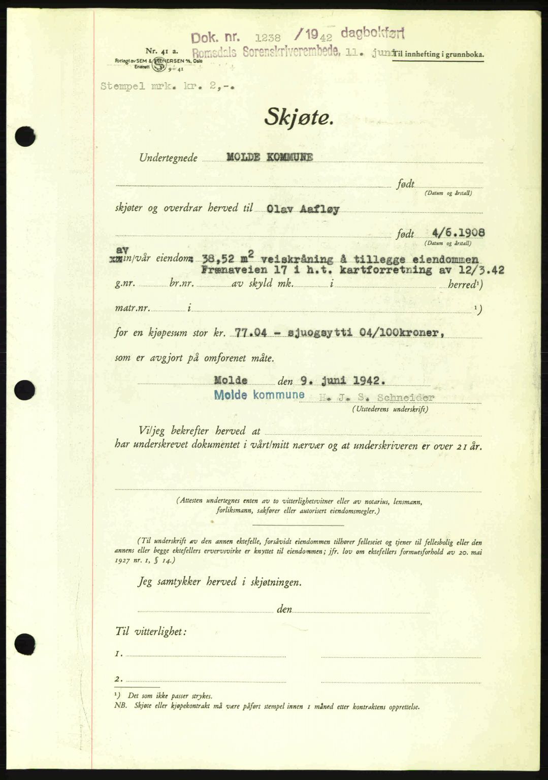 Romsdal sorenskriveri, AV/SAT-A-4149/1/2/2C: Mortgage book no. A12, 1942-1942, Diary no: : 1238/1942