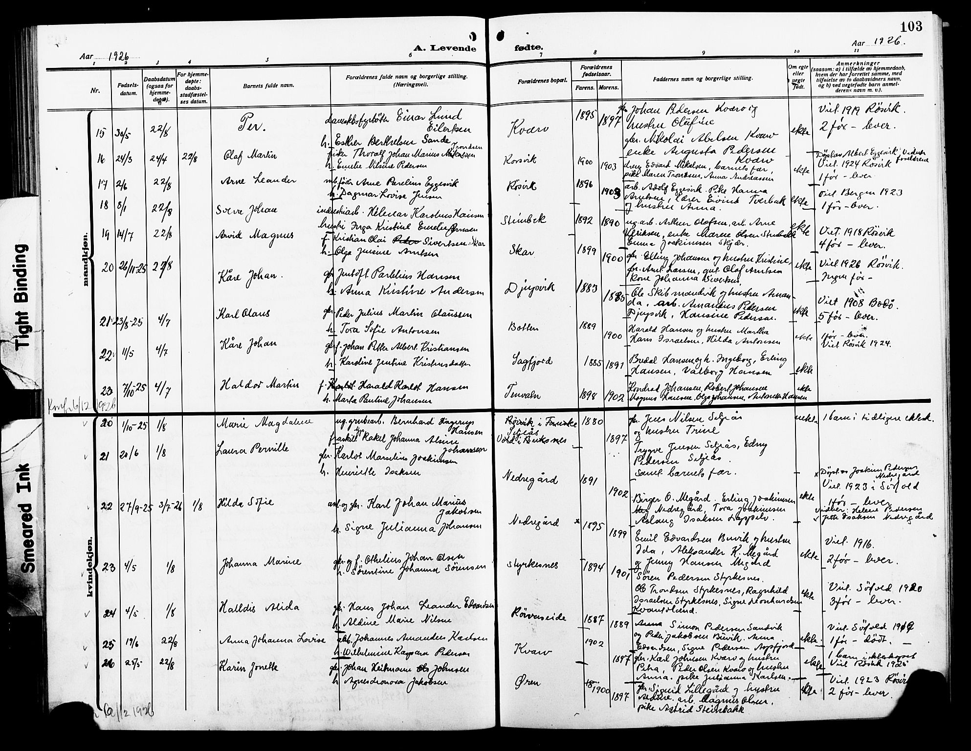 Ministerialprotokoller, klokkerbøker og fødselsregistre - Nordland, AV/SAT-A-1459/854/L0787: Parish register (copy) no. 854C03, 1913-1926, p. 103