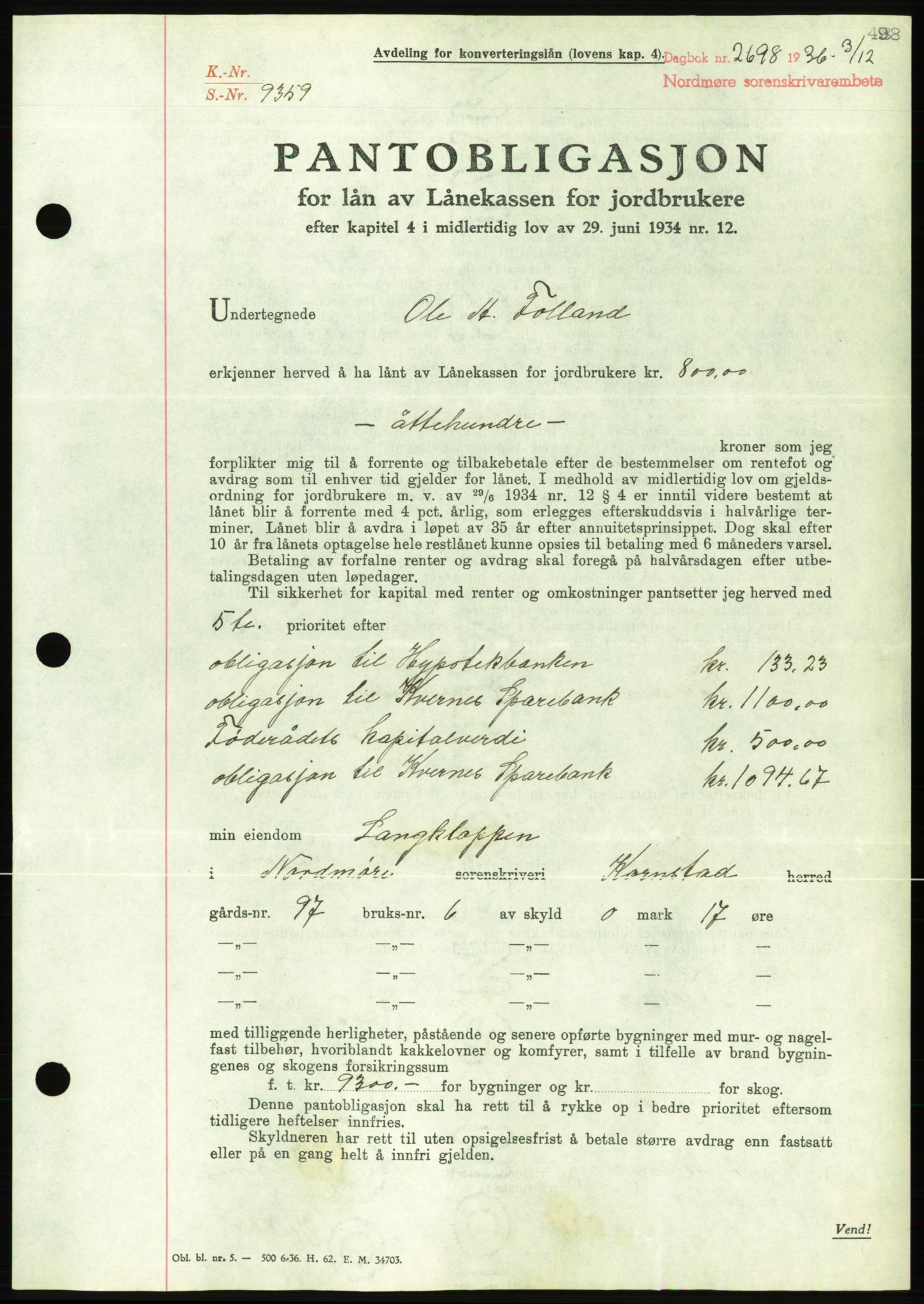 Nordmøre sorenskriveri, AV/SAT-A-4132/1/2/2Ca/L0090: Mortgage book no. B80, 1936-1937, Diary no: : 2698/1936