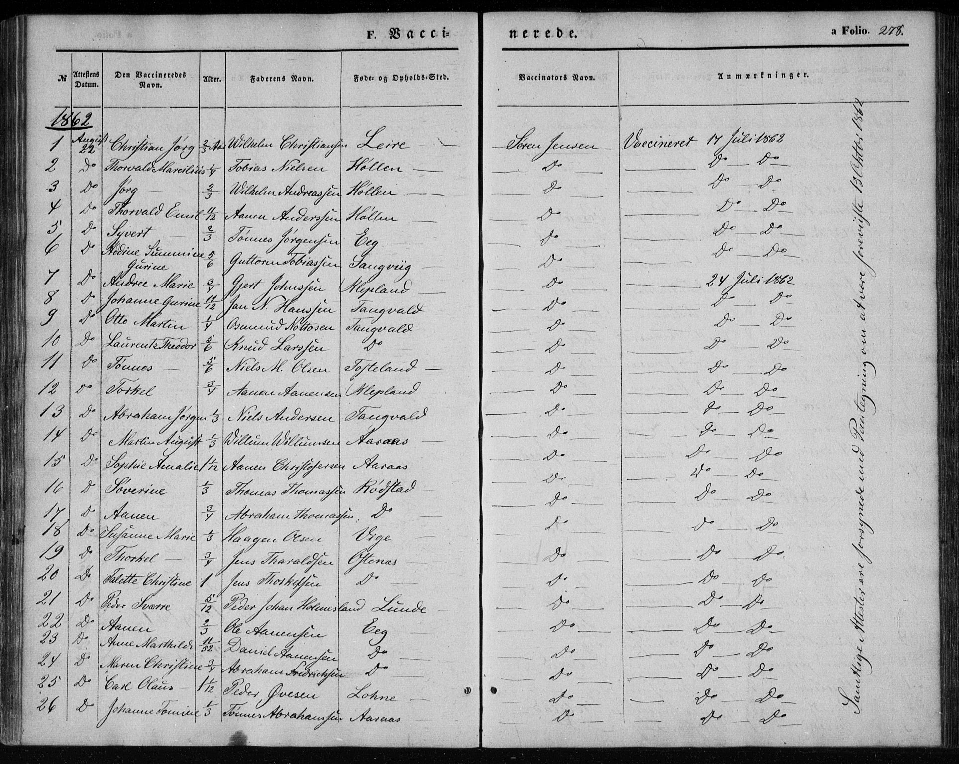 Søgne sokneprestkontor, SAK/1111-0037/F/Fa/Fab/L0010: Parish register (official) no. A 10, 1853-1869, p. 278