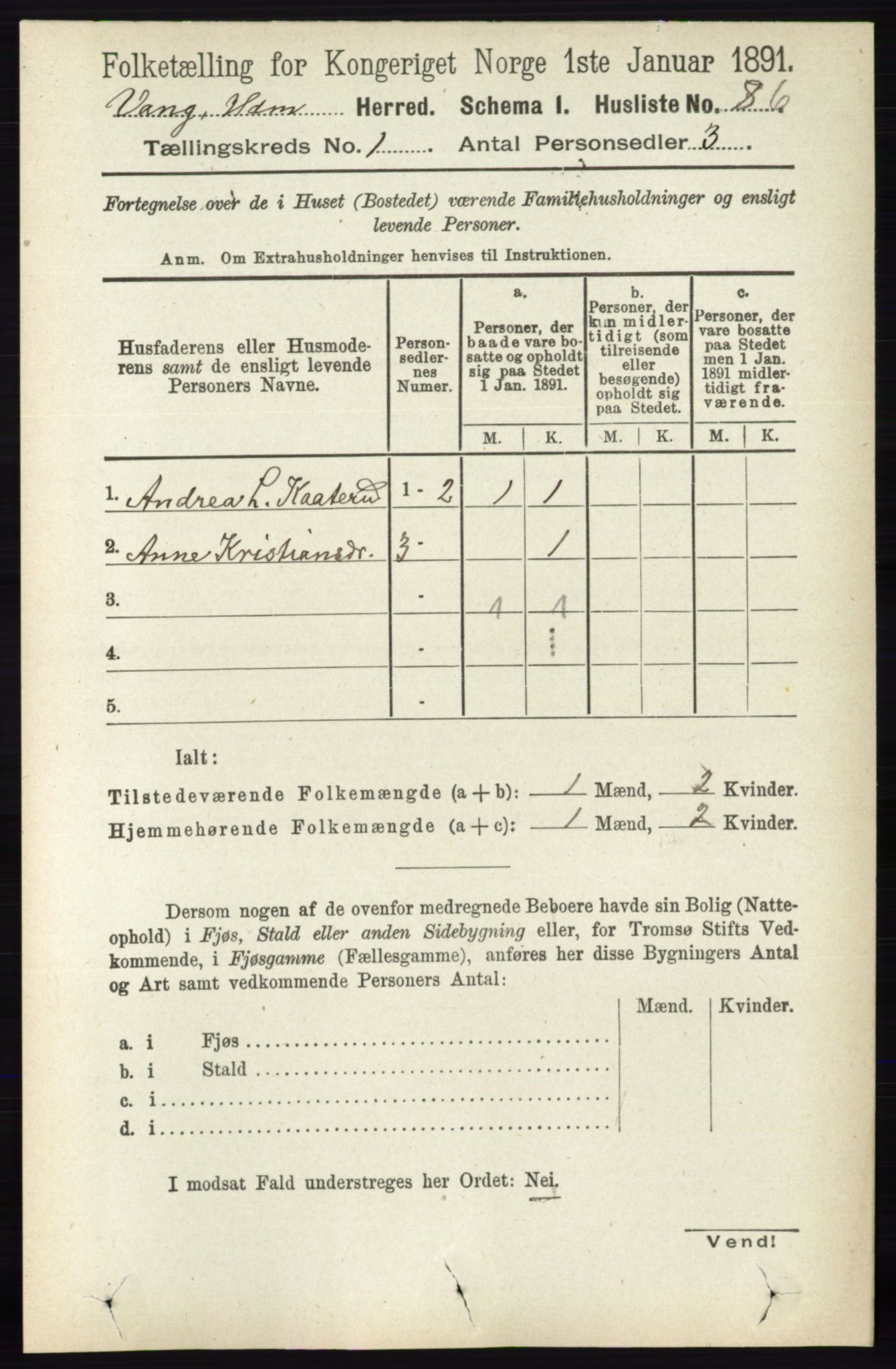 RA, 1891 census for 0414 Vang, 1891, p. 135