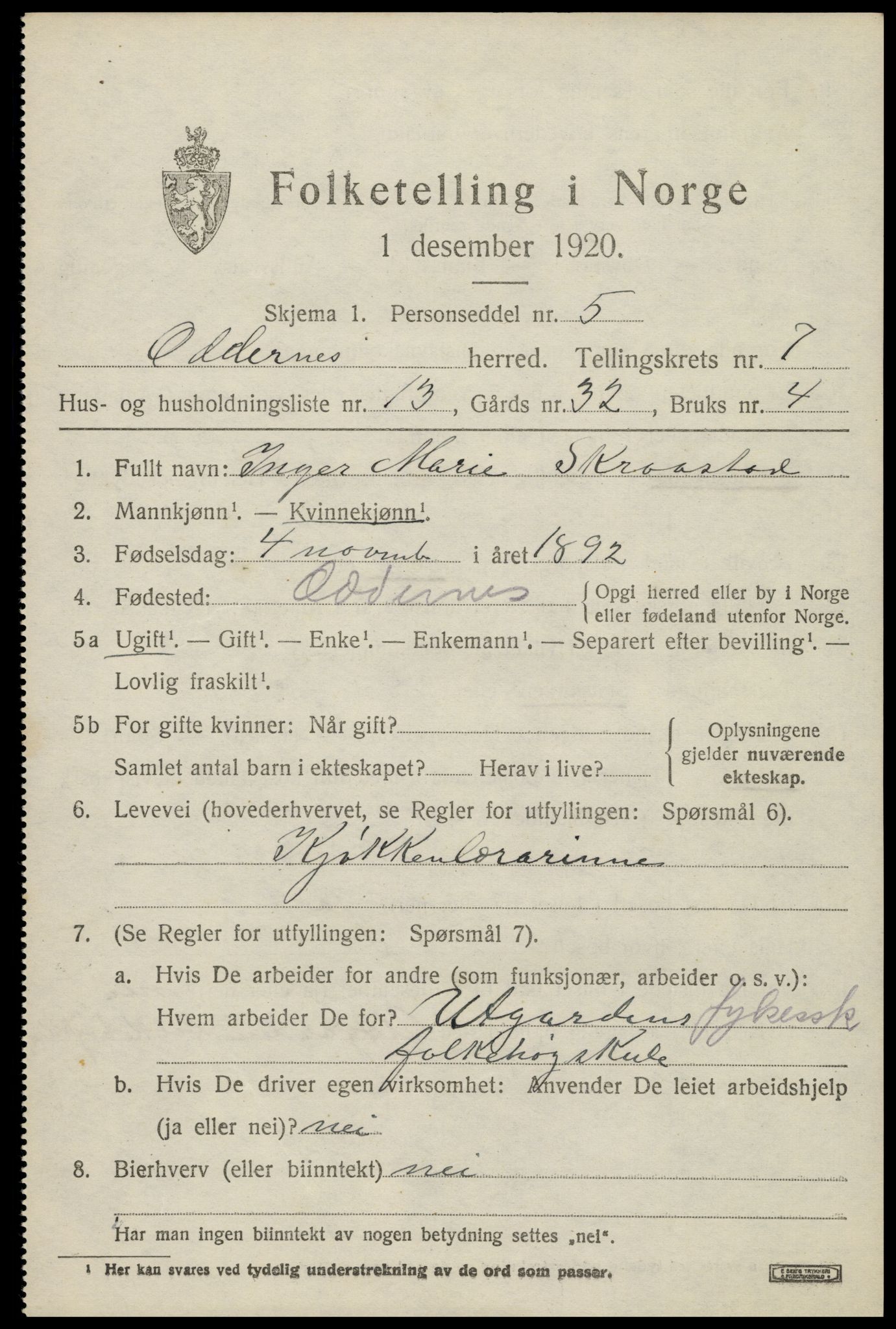 SAK, 1920 census for Oddernes, 1920, p. 5455