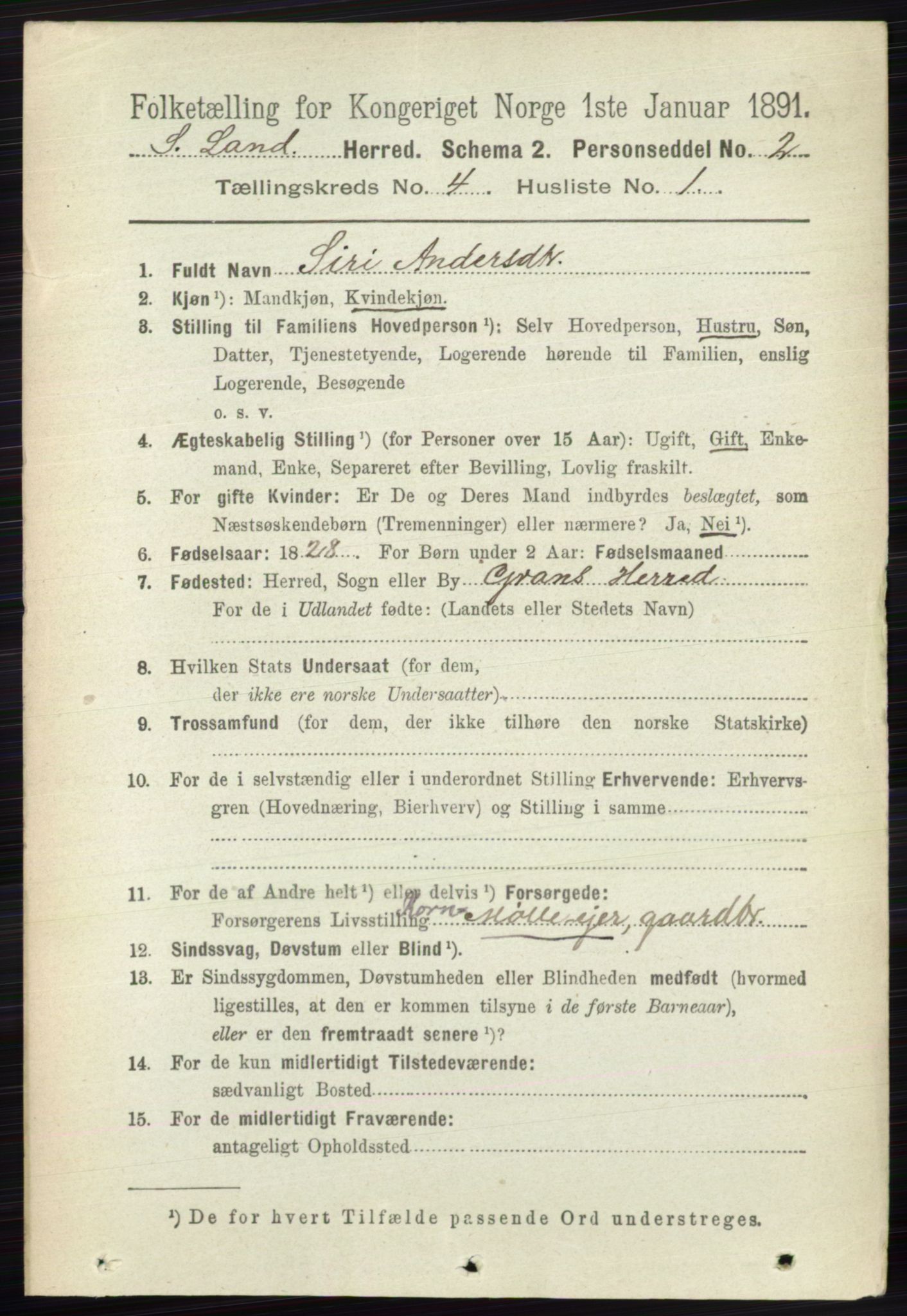 RA, 1891 census for 0536 Søndre Land, 1891, p. 3994