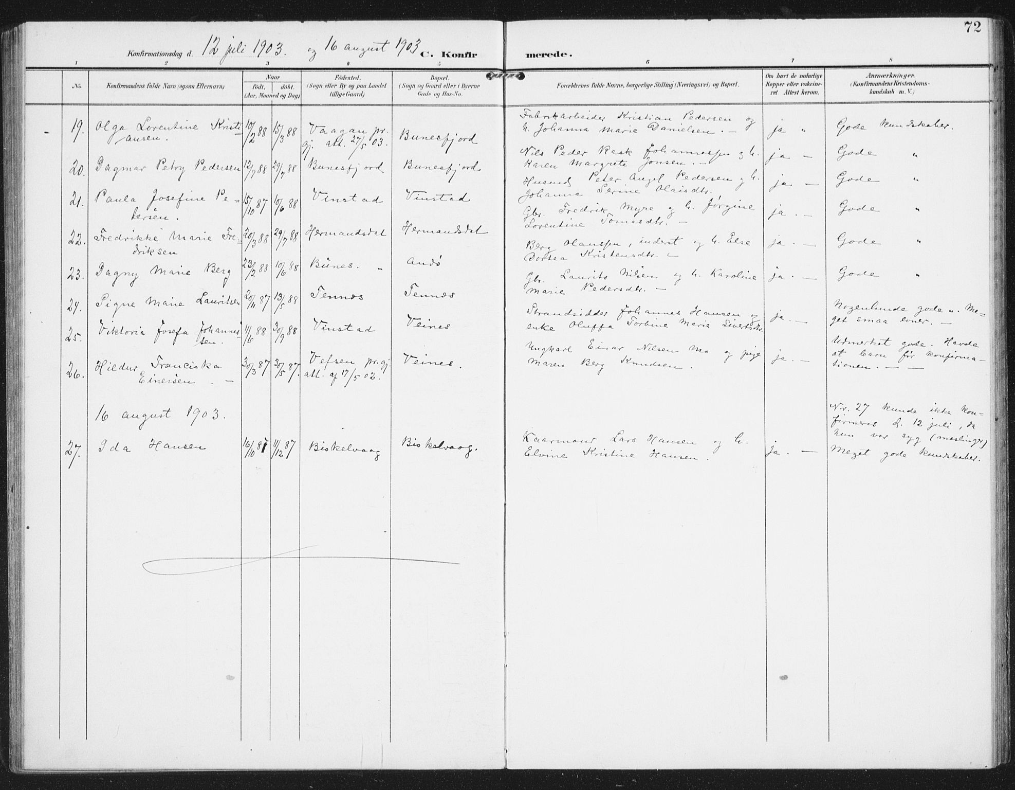 Ministerialprotokoller, klokkerbøker og fødselsregistre - Nordland, SAT/A-1459/886/L1221: Parish register (official) no. 886A03, 1903-1913, p. 72