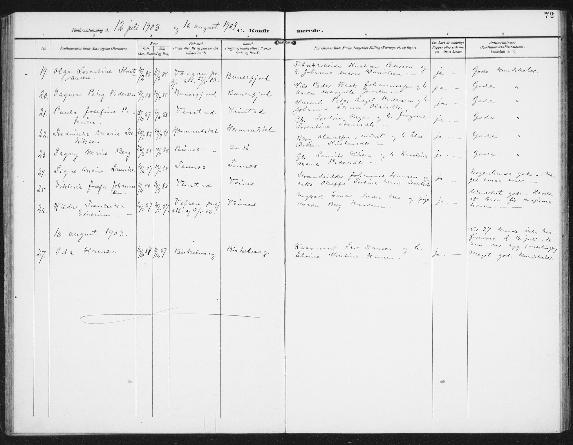 Ministerialprotokoller, klokkerbøker og fødselsregistre - Nordland, AV/SAT-A-1459/886/L1221: Parish register (official) no. 886A03, 1903-1913, p. 72