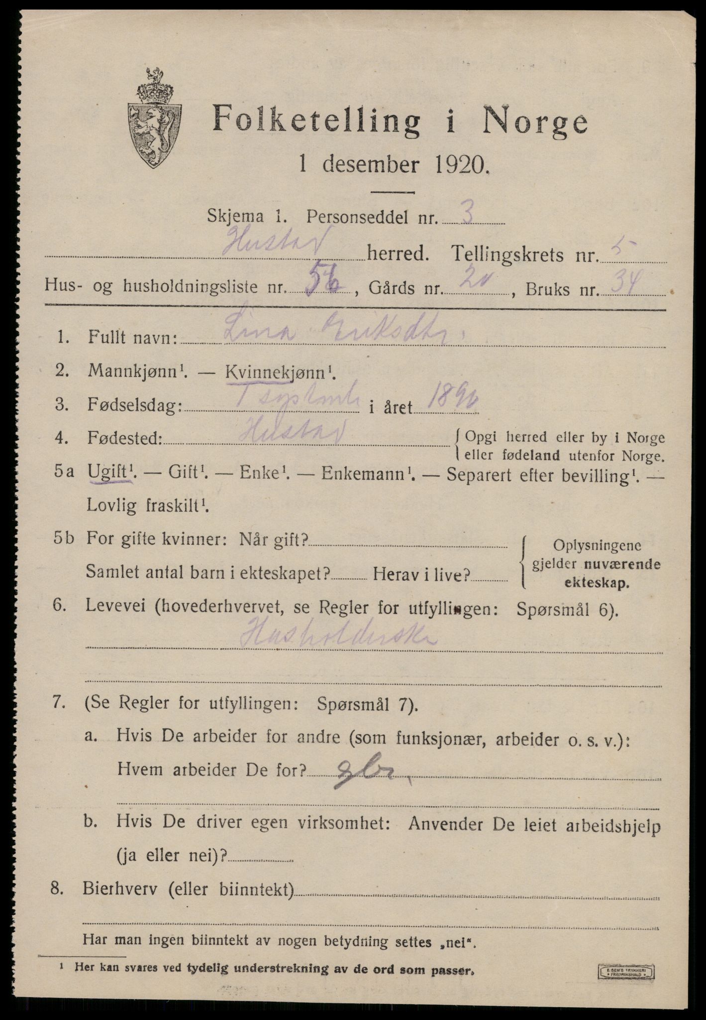 SAT, 1920 census for Hustad, 1920, p. 4161