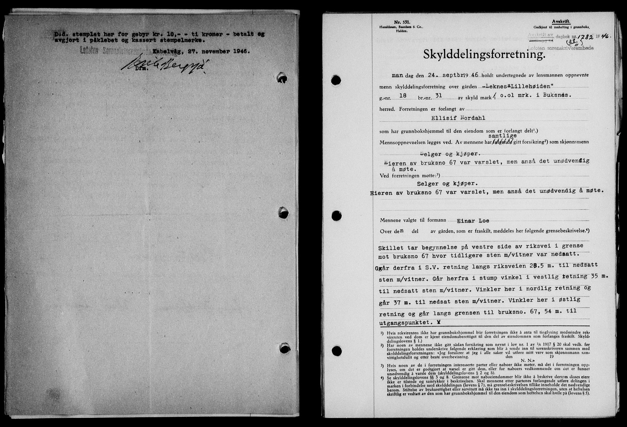 Lofoten sorenskriveri, SAT/A-0017/1/2/2C/L0015a: Mortgage book no. 15a, 1946-1947, Diary no: : 1782/1946