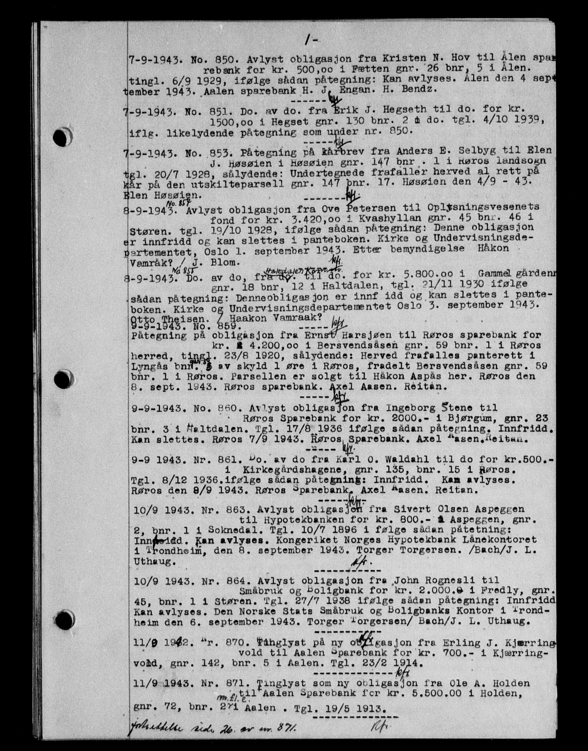 Gauldal sorenskriveri, SAT/A-0014/1/2/2C/L0057: Mortgage book no. 62, 1943-1944, Diary no: : 850/1943