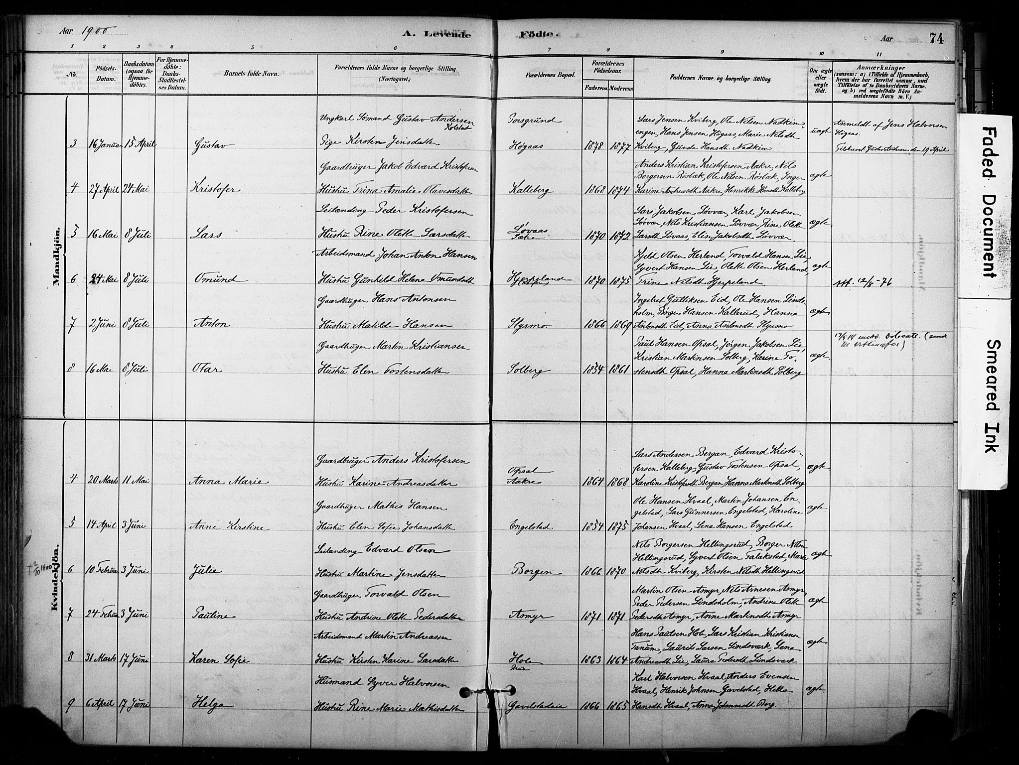 Lardal kirkebøker, AV/SAKO-A-350/F/Fb/L0001: Parish register (official) no. II 1, 1881-1911, p. 74