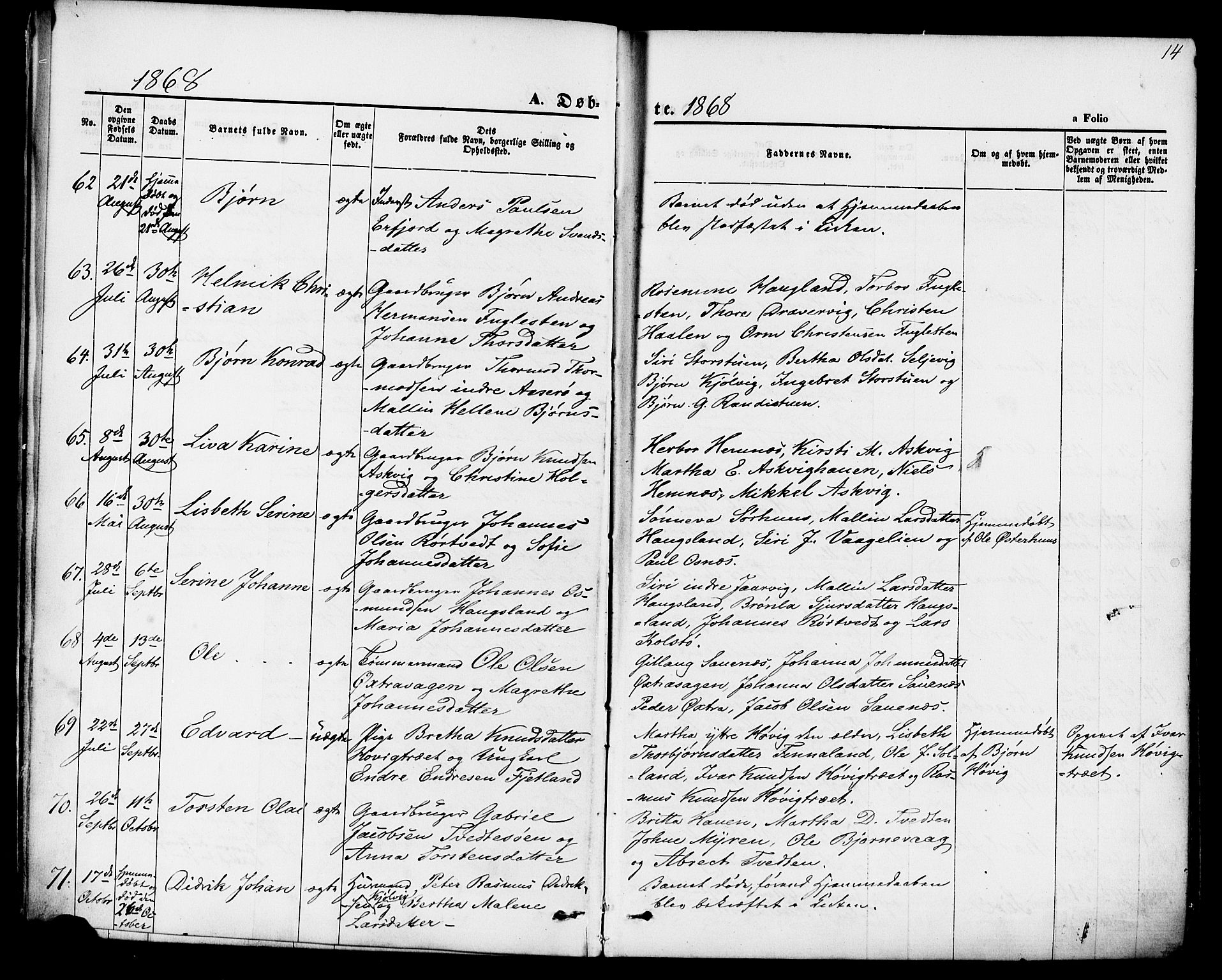 Jelsa sokneprestkontor, AV/SAST-A-101842/01/IV: Parish register (official) no. A 8, 1867-1883, p. 14