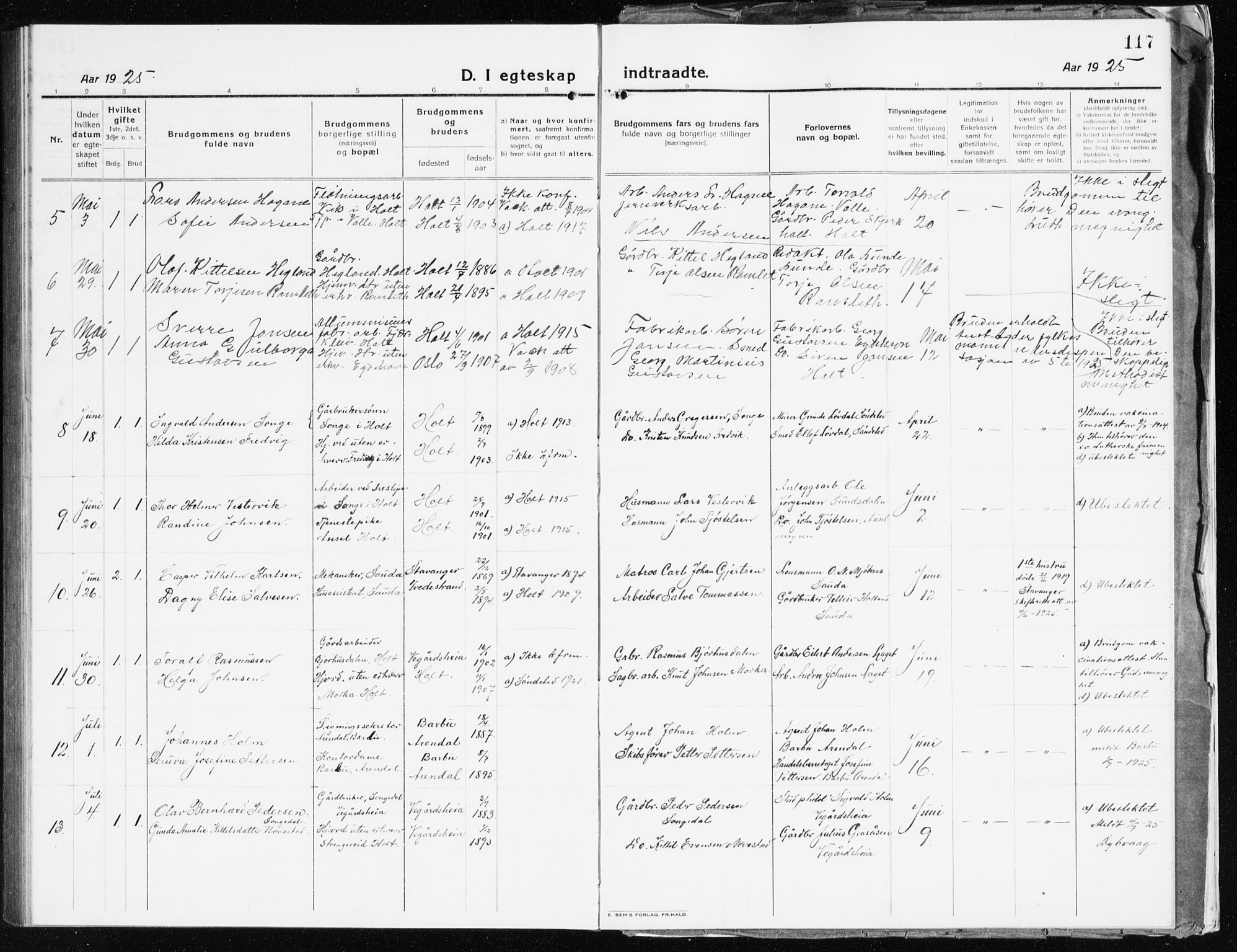 Holt sokneprestkontor, AV/SAK-1111-0021/F/Fb/L0012: Parish register (copy) no. B 12, 1919-1944, p. 117