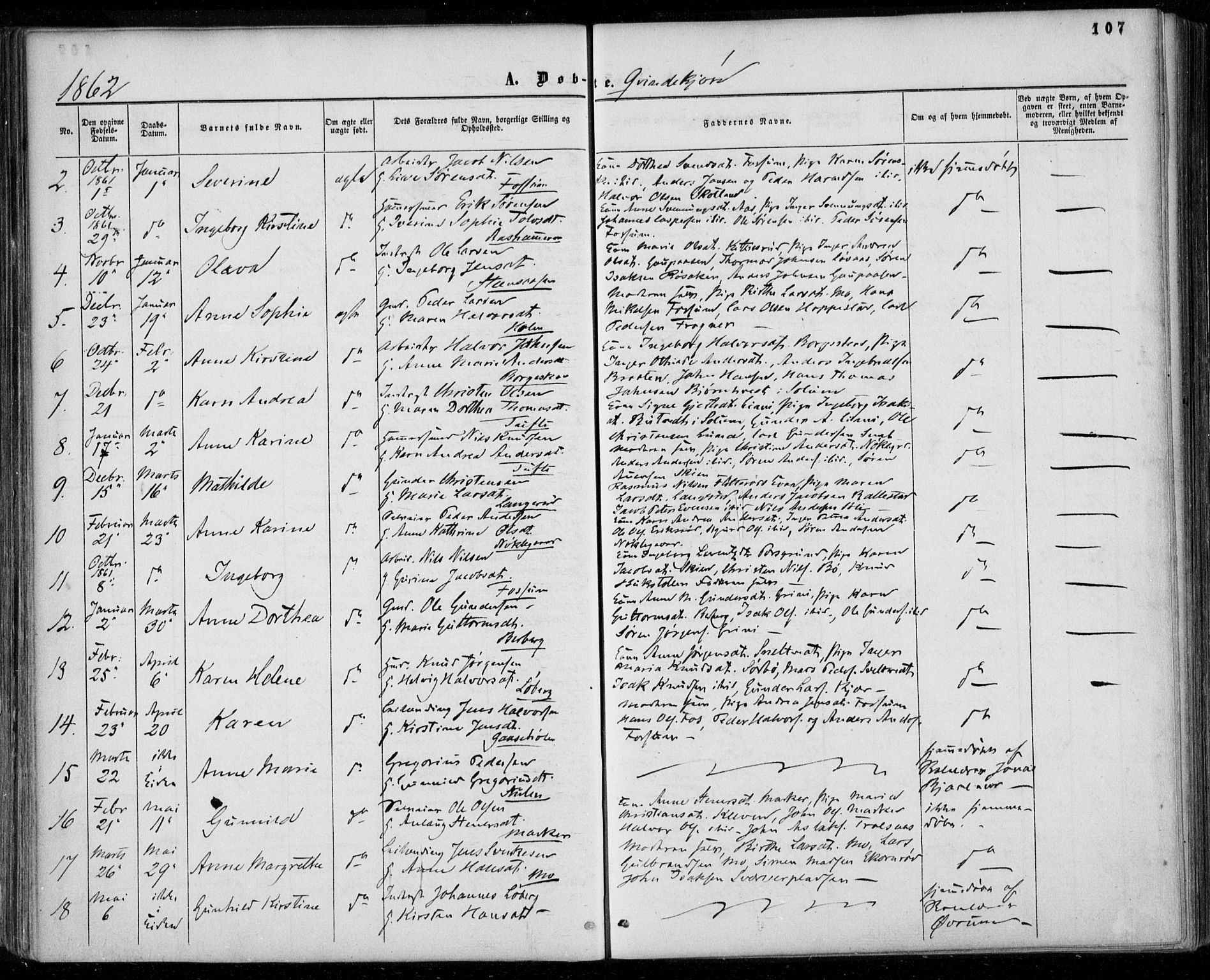 Gjerpen kirkebøker, SAKO/A-265/F/Fa/L0008a: Parish register (official) no. I 8A, 1857-1871, p. 107