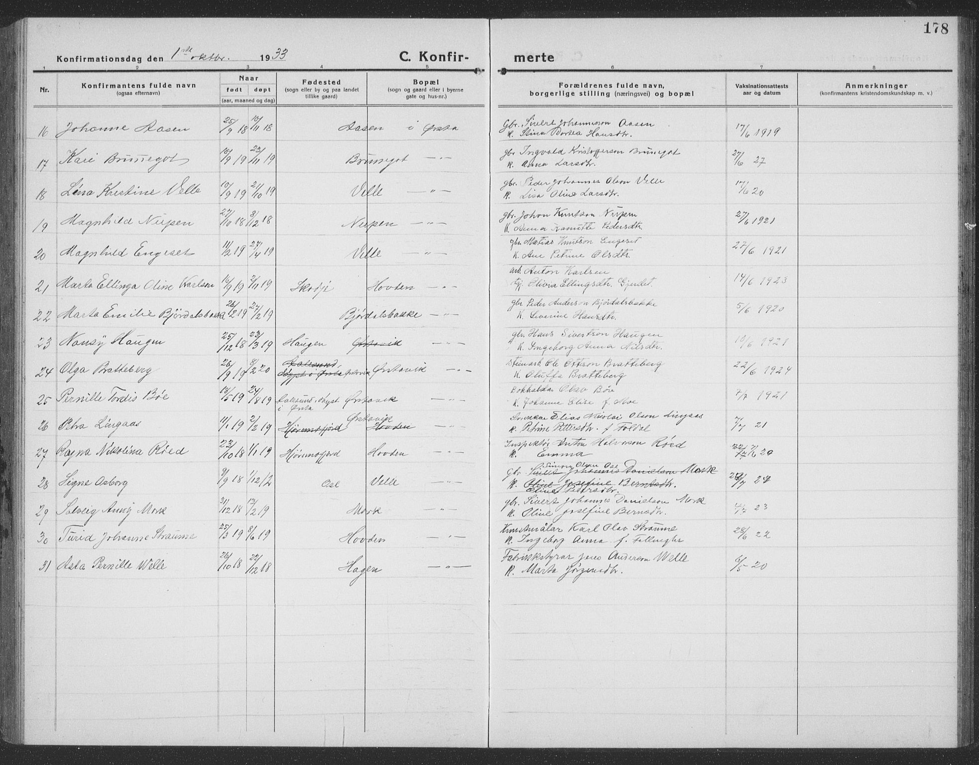 Ministerialprotokoller, klokkerbøker og fødselsregistre - Møre og Romsdal, SAT/A-1454/513/L0191: Parish register (copy) no. 513C05, 1920-1941, p. 178