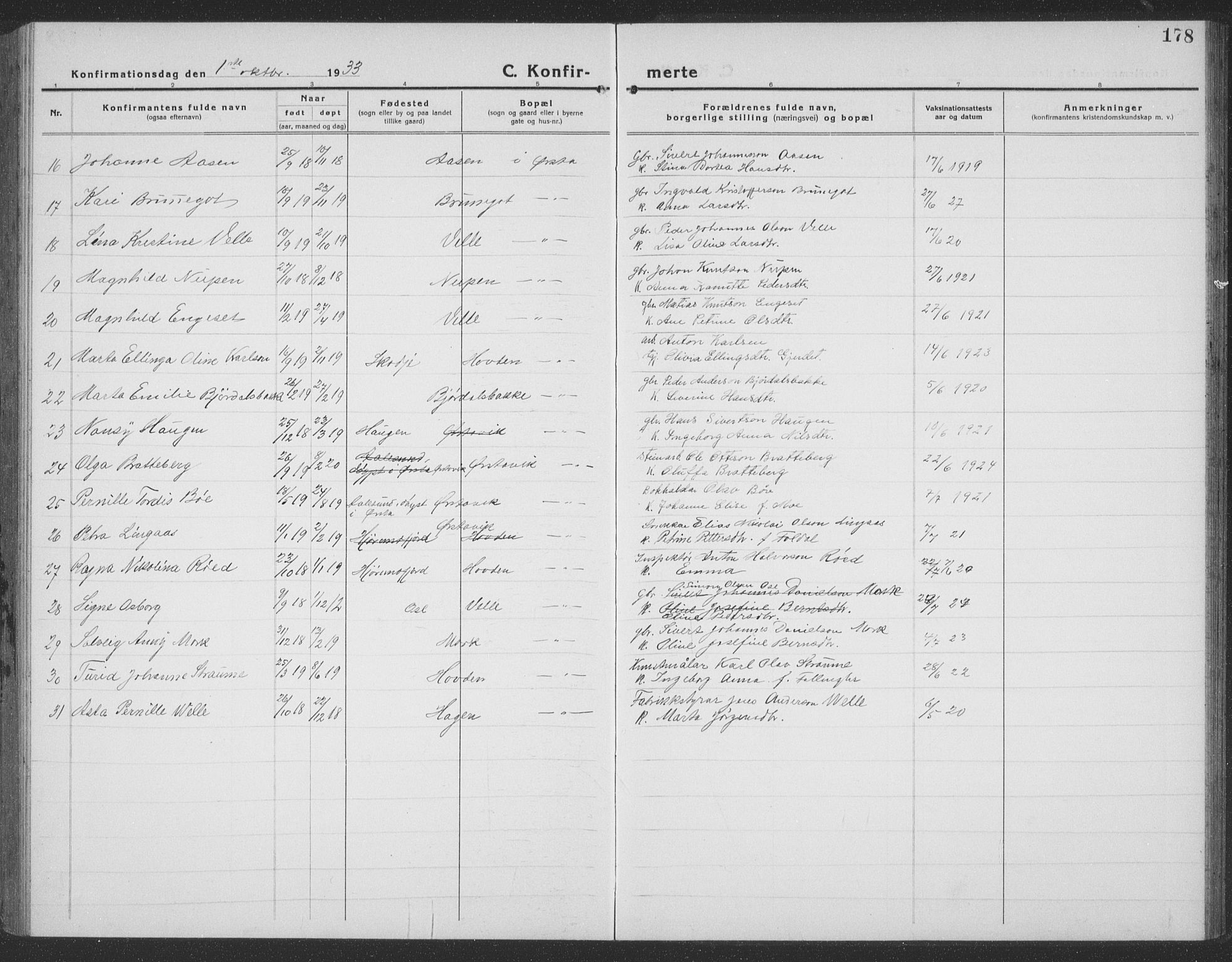 Ministerialprotokoller, klokkerbøker og fødselsregistre - Møre og Romsdal, AV/SAT-A-1454/513/L0191: Parish register (copy) no. 513C05, 1920-1941, p. 178