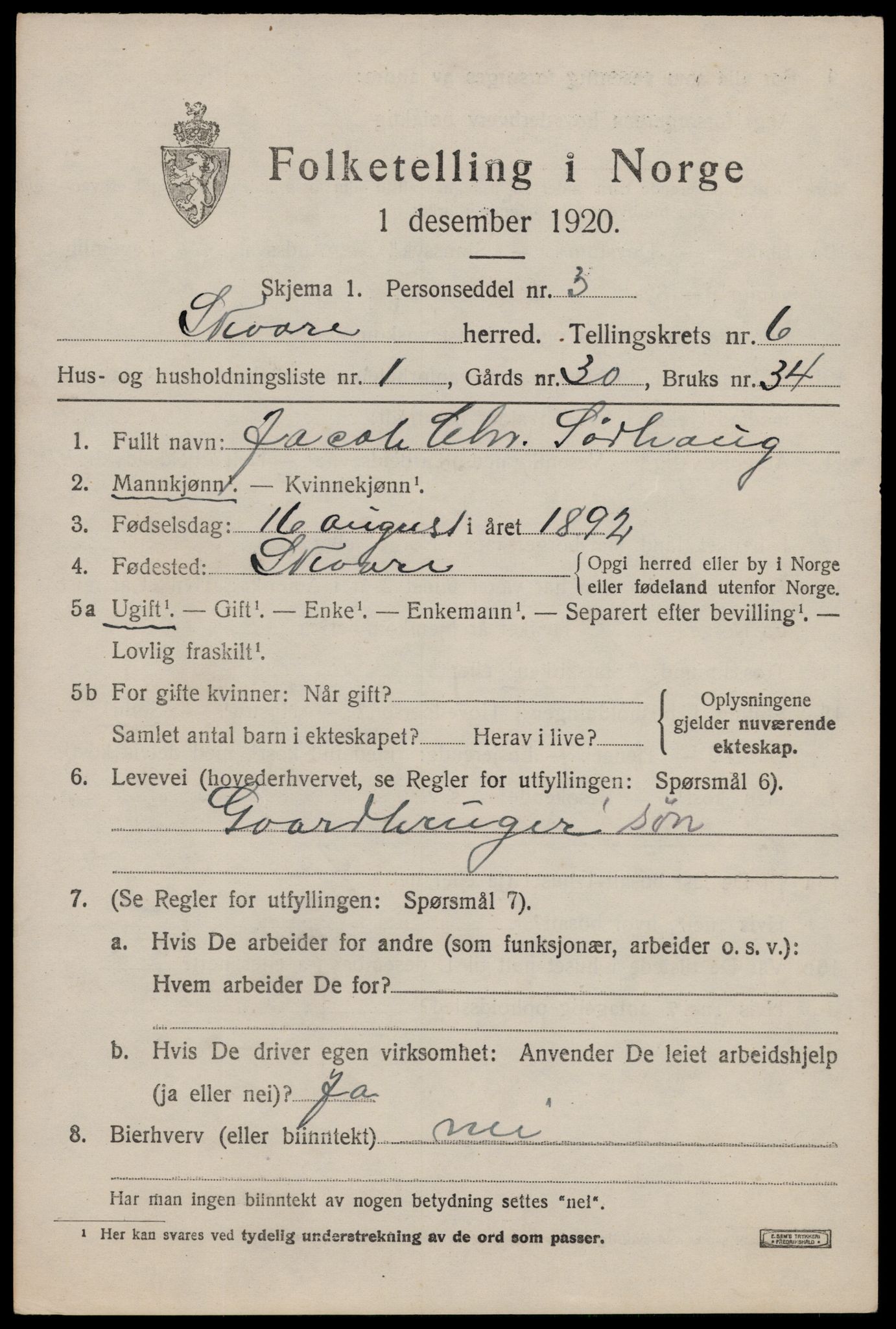 SAST, 1920 census for Skåre, 1920, p. 3732