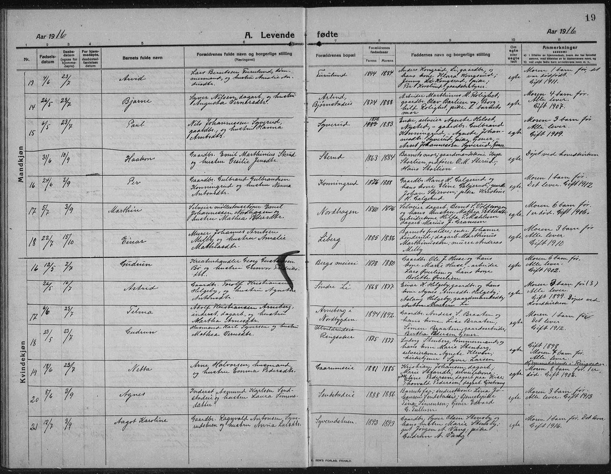 Nes prestekontor, Hedmark, AV/SAH-PREST-020/L/La/L0009: Parish register (copy) no. 9, 1913-1936, p. 19