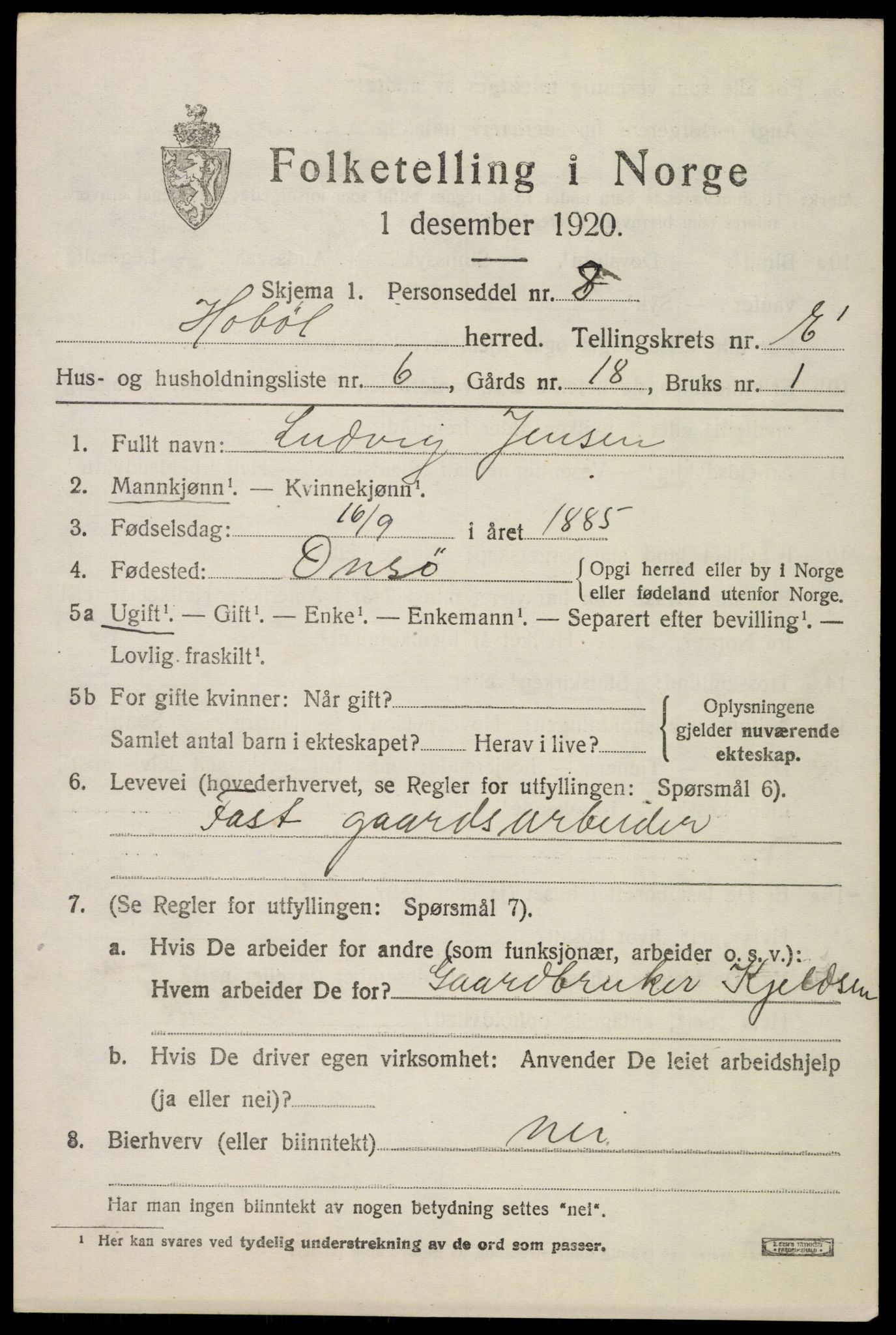 SAO, 1920 census for Hobøl, 1920, p. 5316