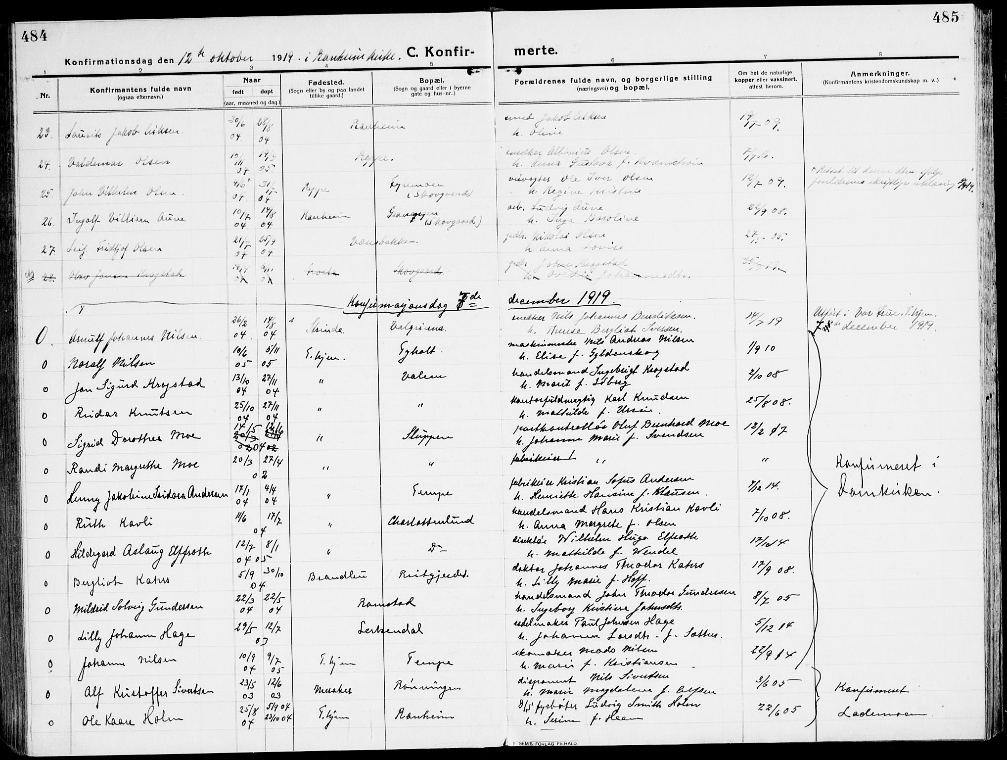 Ministerialprotokoller, klokkerbøker og fødselsregistre - Sør-Trøndelag, AV/SAT-A-1456/607/L0321: Parish register (official) no. 607A05, 1916-1935, p. 484-485