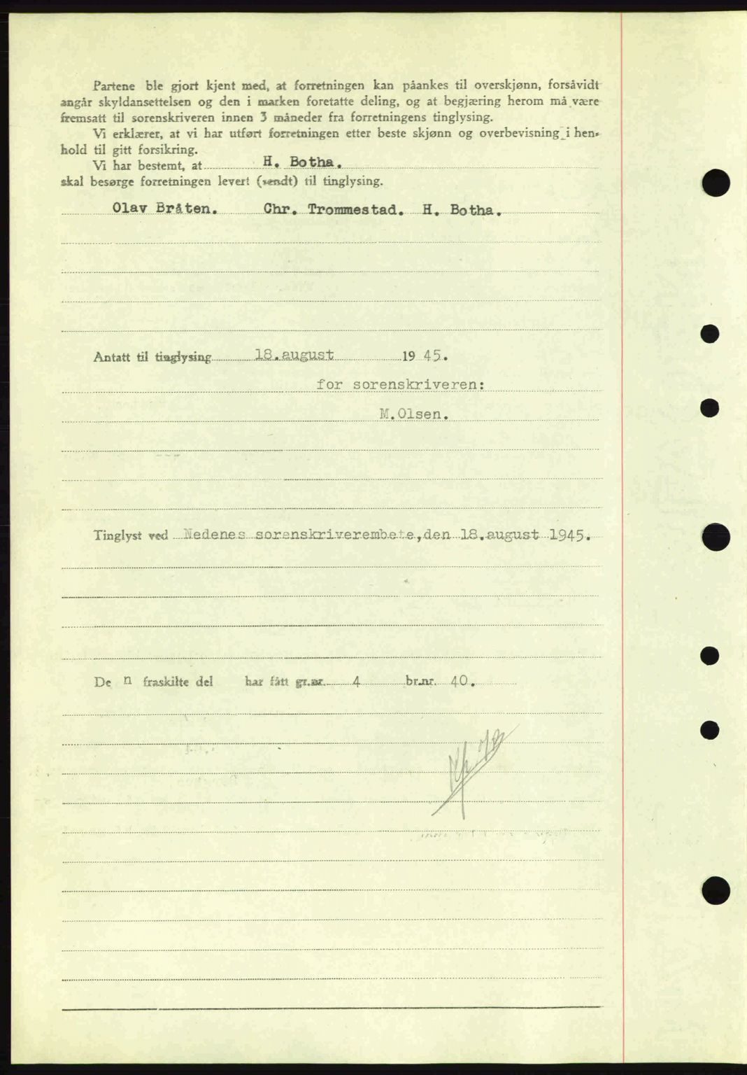 Nedenes sorenskriveri, AV/SAK-1221-0006/G/Gb/Gba/L0052: Mortgage book no. A6a, 1944-1945, Diary no: : 601/1945