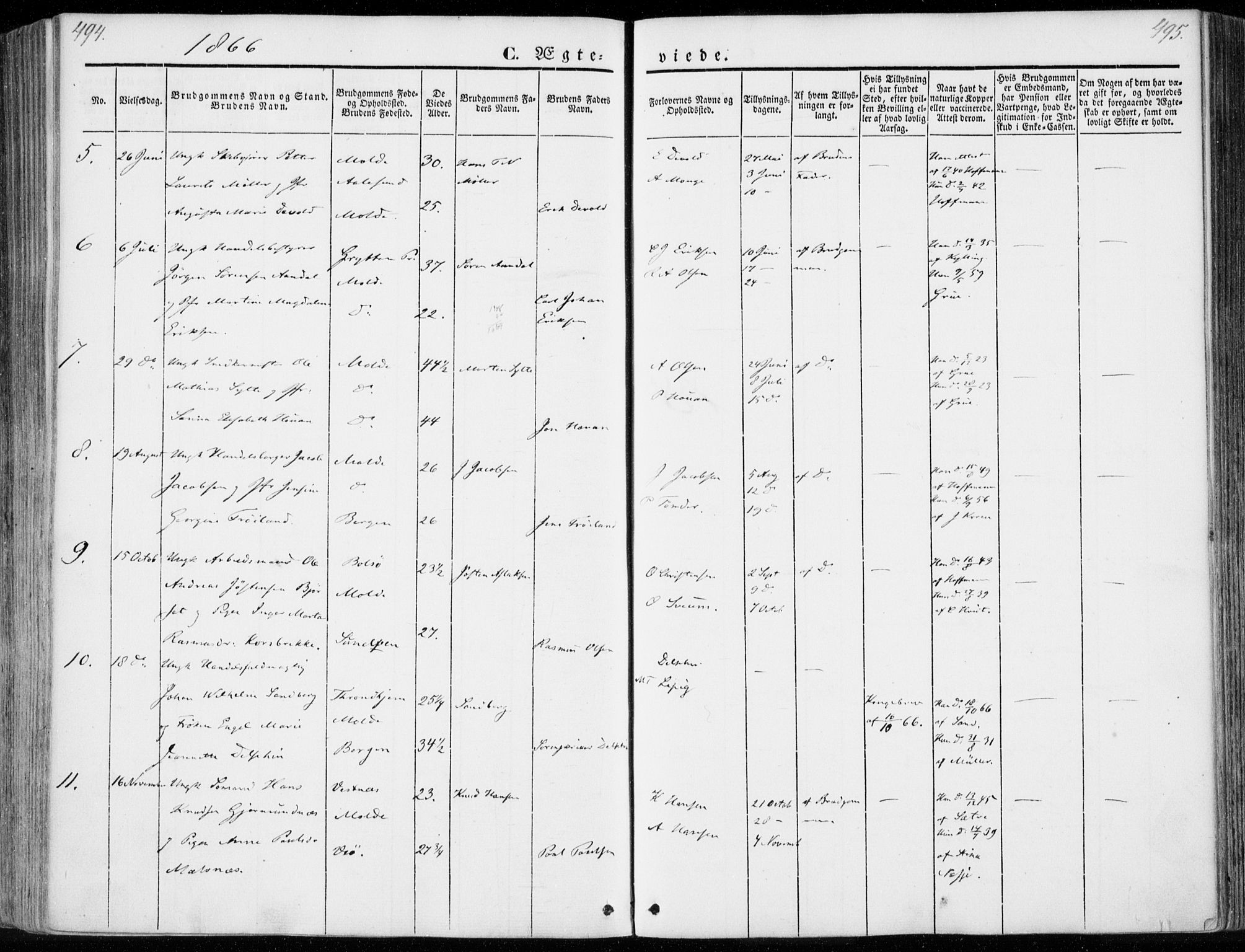 Ministerialprotokoller, klokkerbøker og fødselsregistre - Møre og Romsdal, SAT/A-1454/558/L0689: Parish register (official) no. 558A03, 1843-1872, p. 494-495